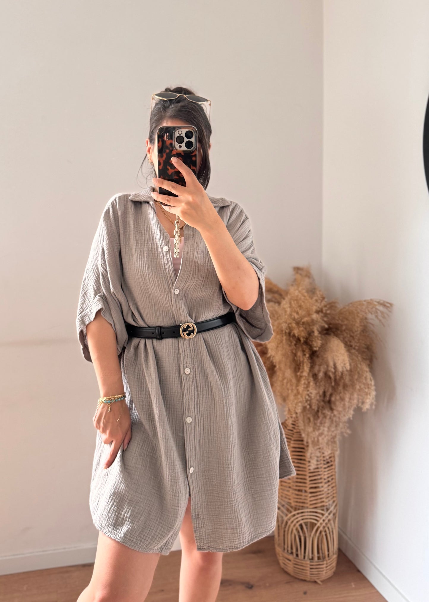 Midlänge Musselin kurzarm BLUSE/KLEID Taupe