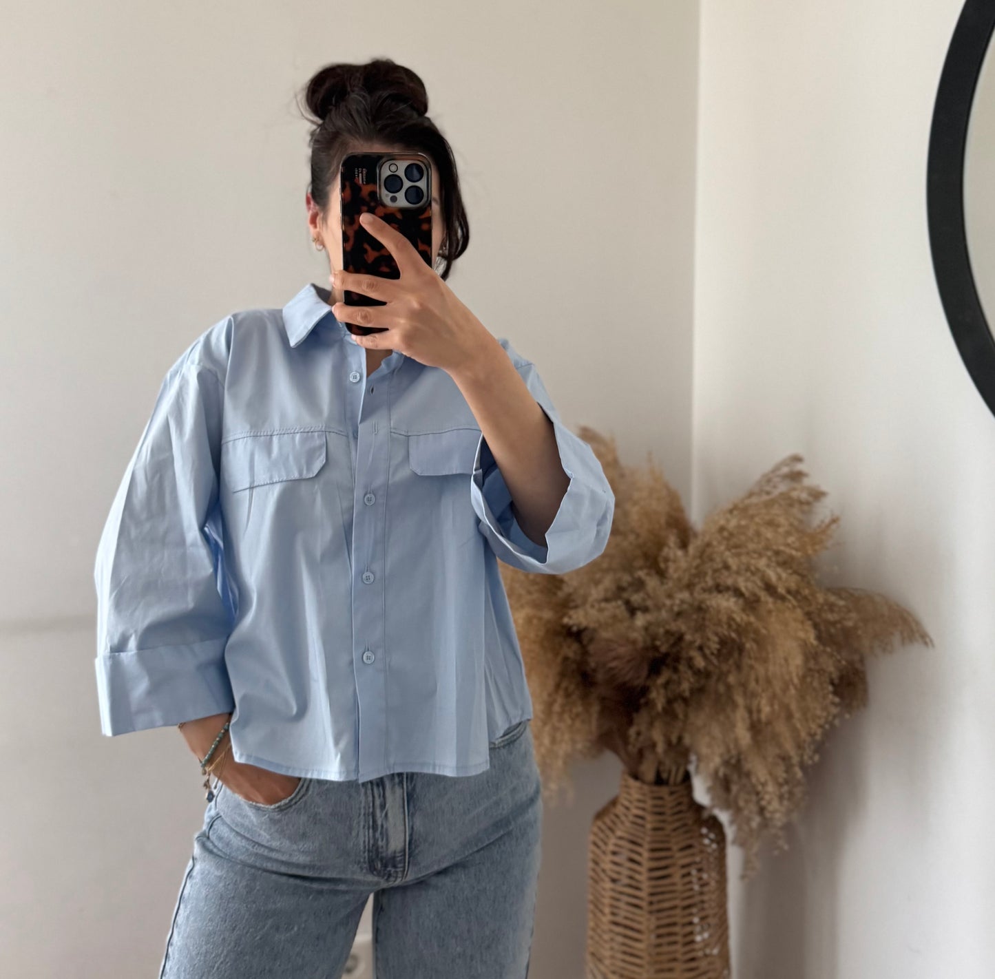 Mir Cropped Baumwoll Bluse babyblau