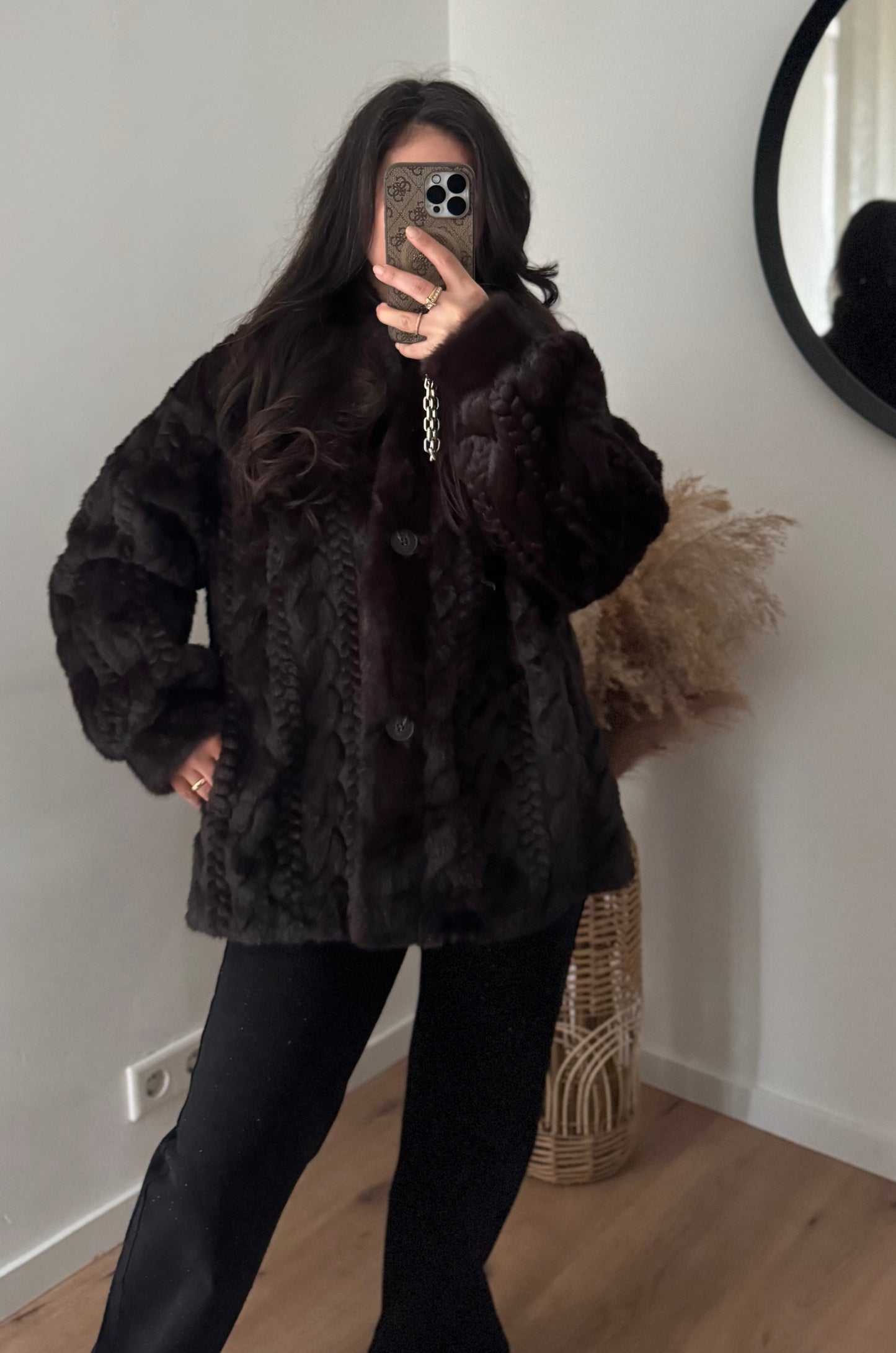 Luxe Fellmantel ohne Kragen dunkelbraun