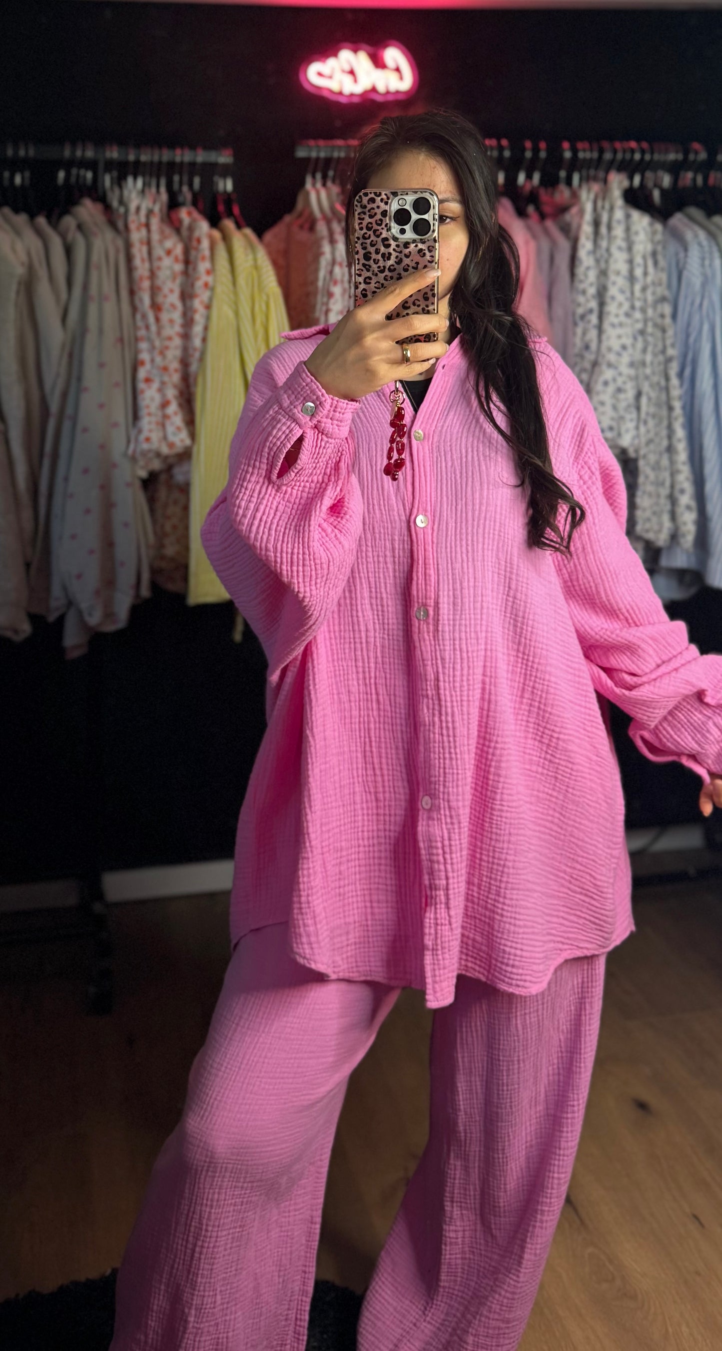 Musselinhemd Midlänge pink