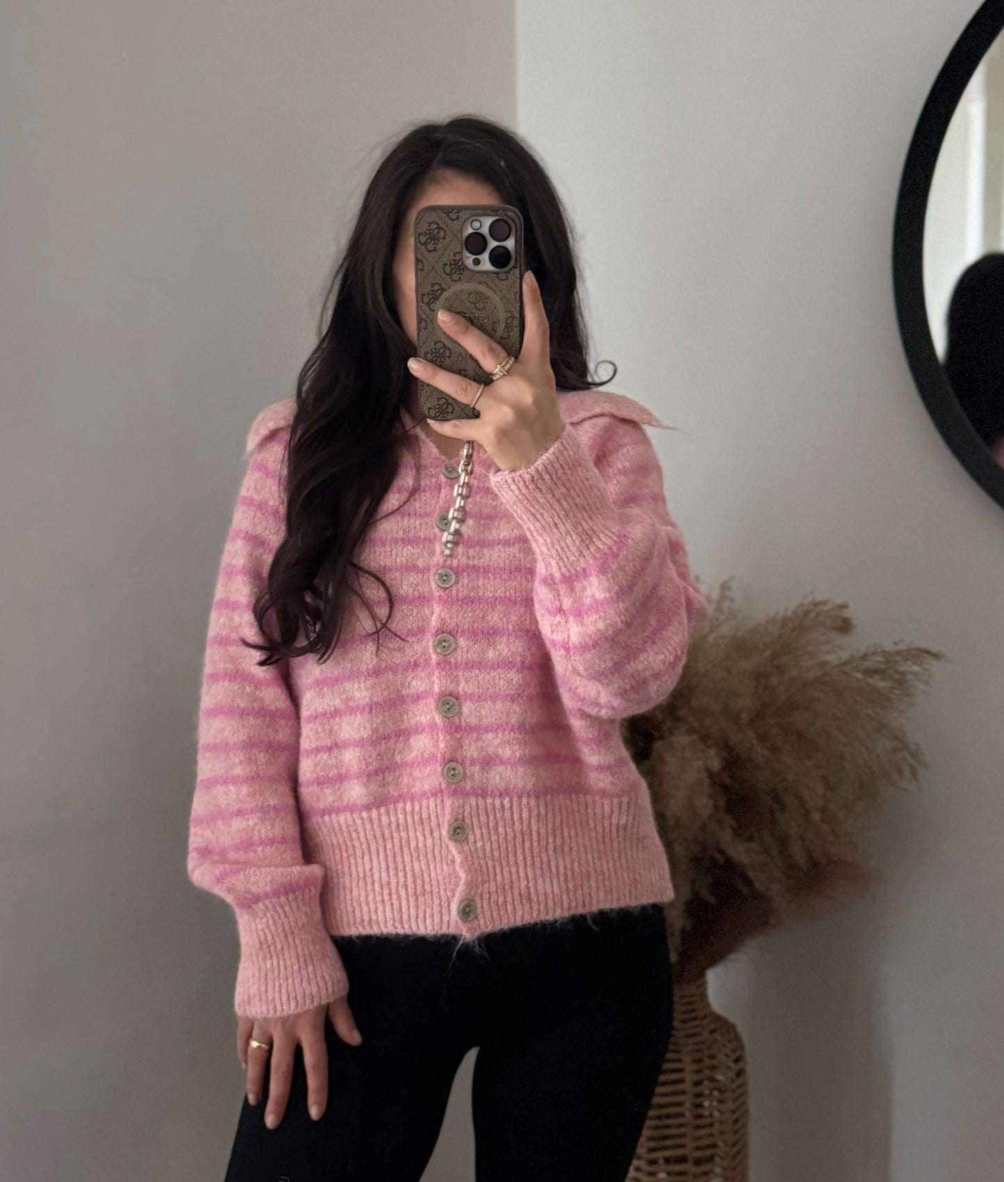 Stripe Cardigan mit Kragen Rosé