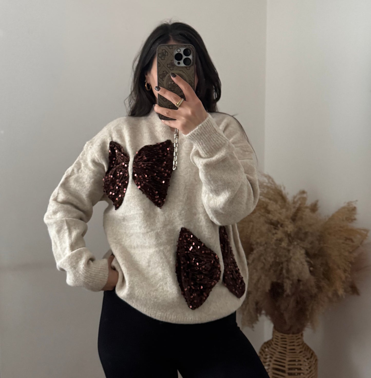 GLITZI schleifen Pullover beige/ braun