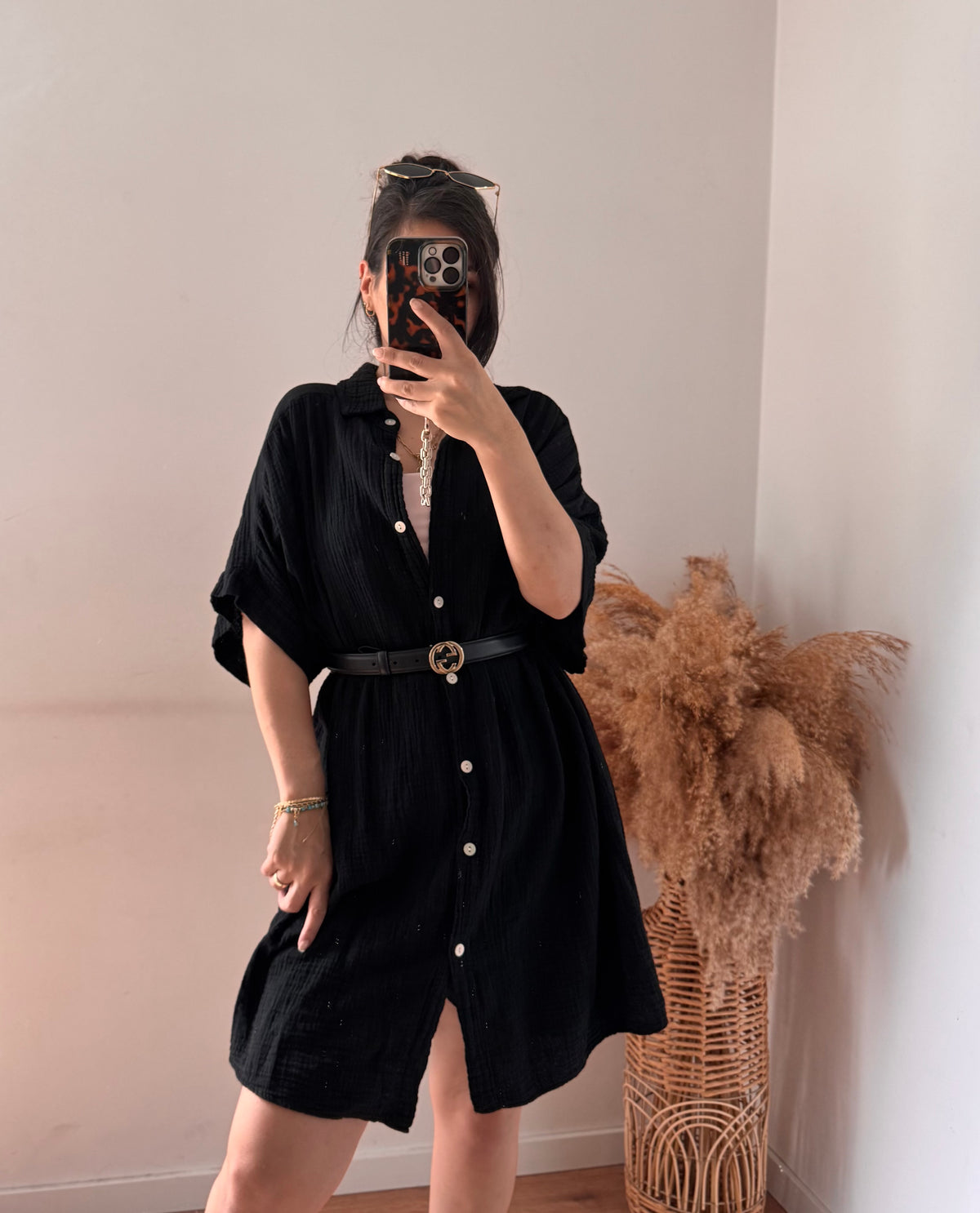 Midlänge Musselin kurzarm BLUSE/KLEID schwarz