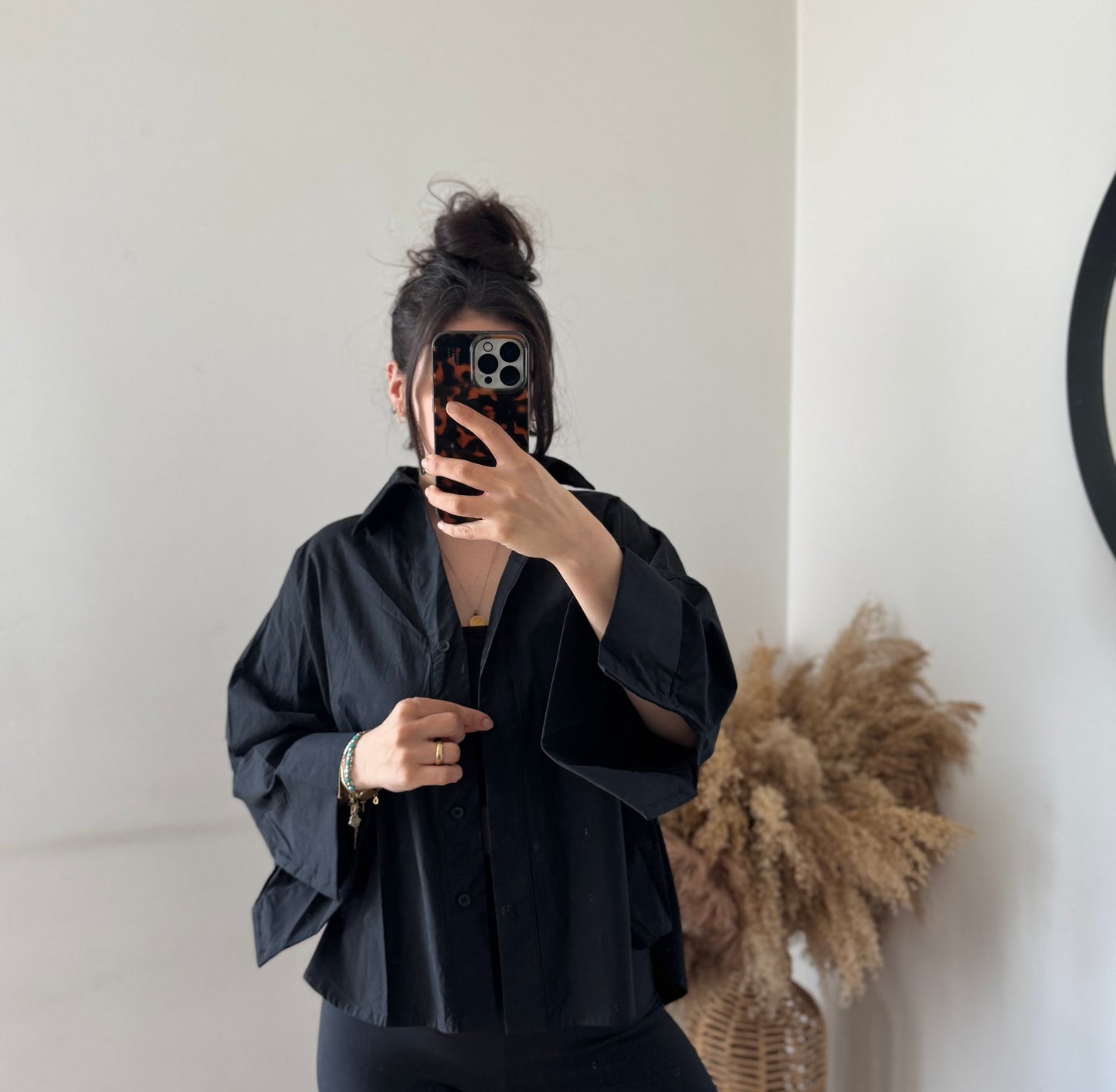 Mid Cropped Baumwoll Bluse schwarz