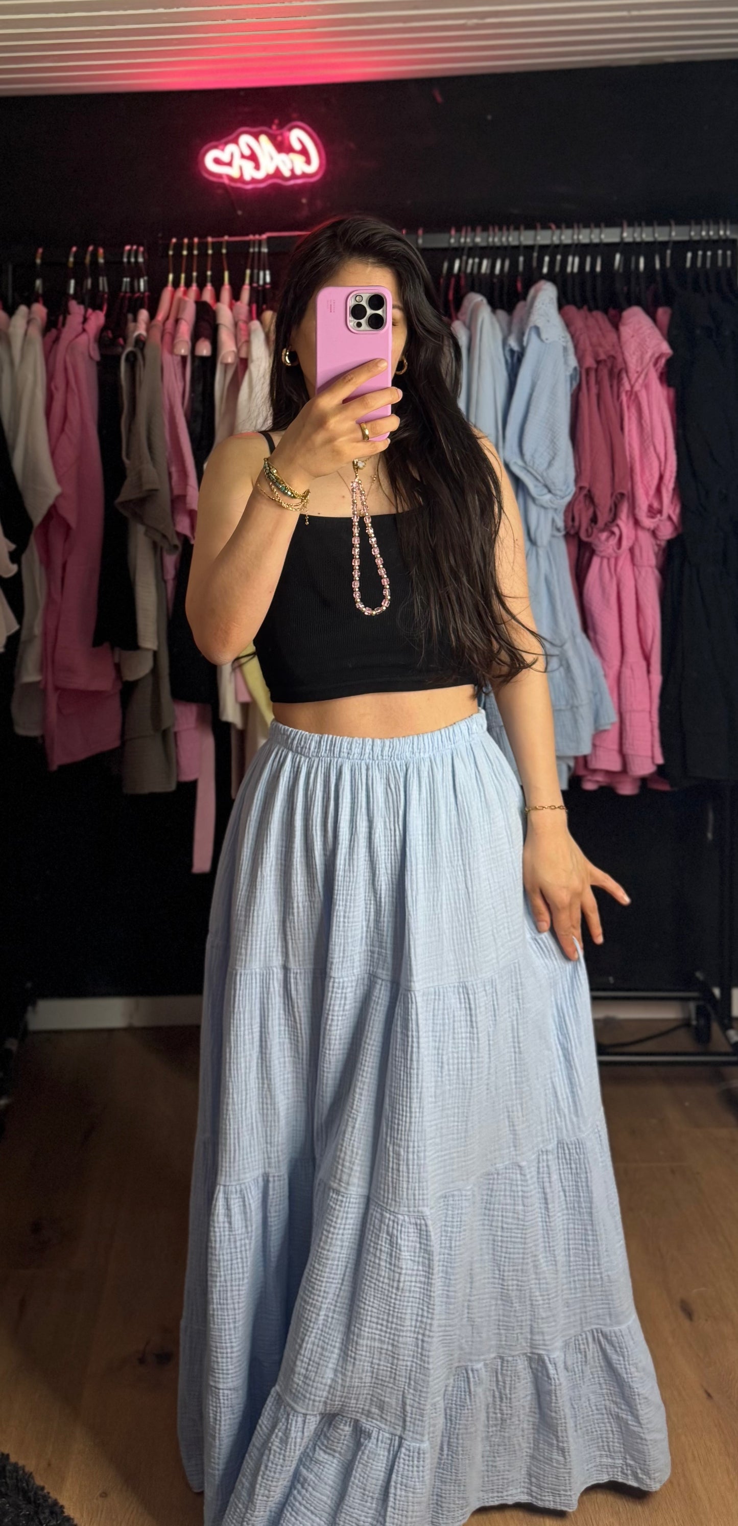 Langer Musselin Rock babyblau