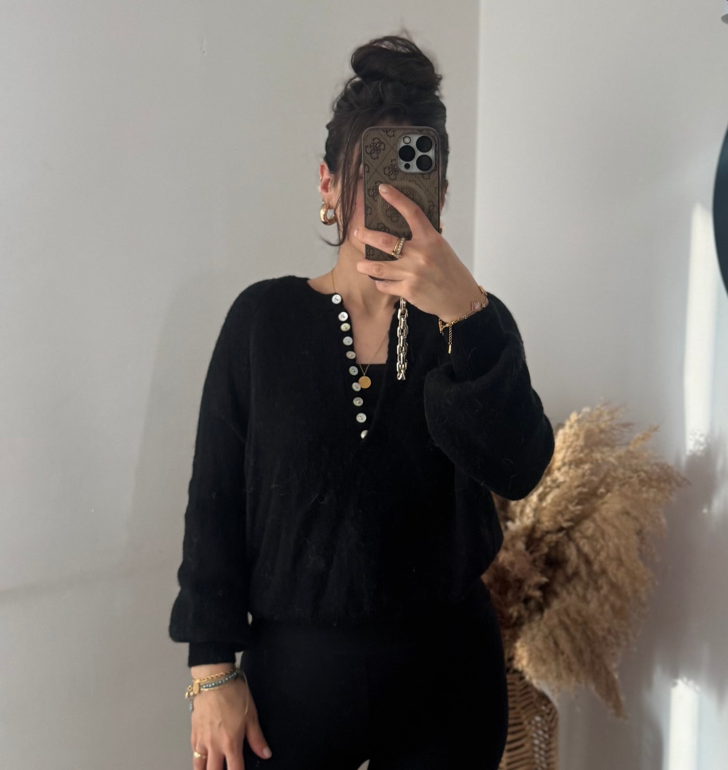 Alpaka Pullover mit Knopfleiste schwarz