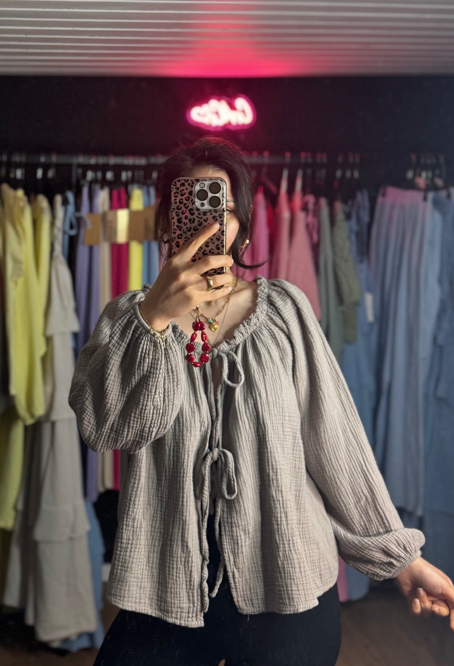 Basic Schleifen Musselinbluse taupe