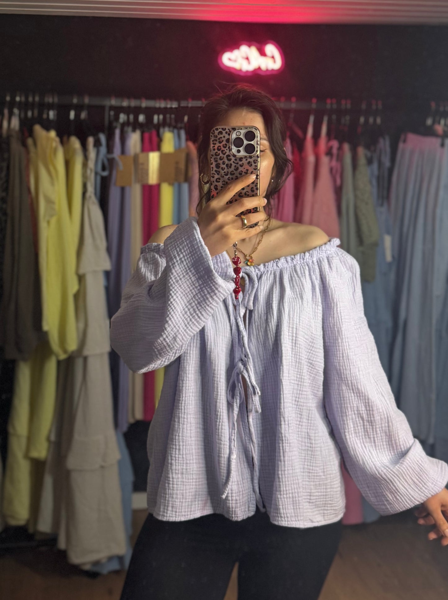 Basic Schleifen Musselin Bluse Flieder