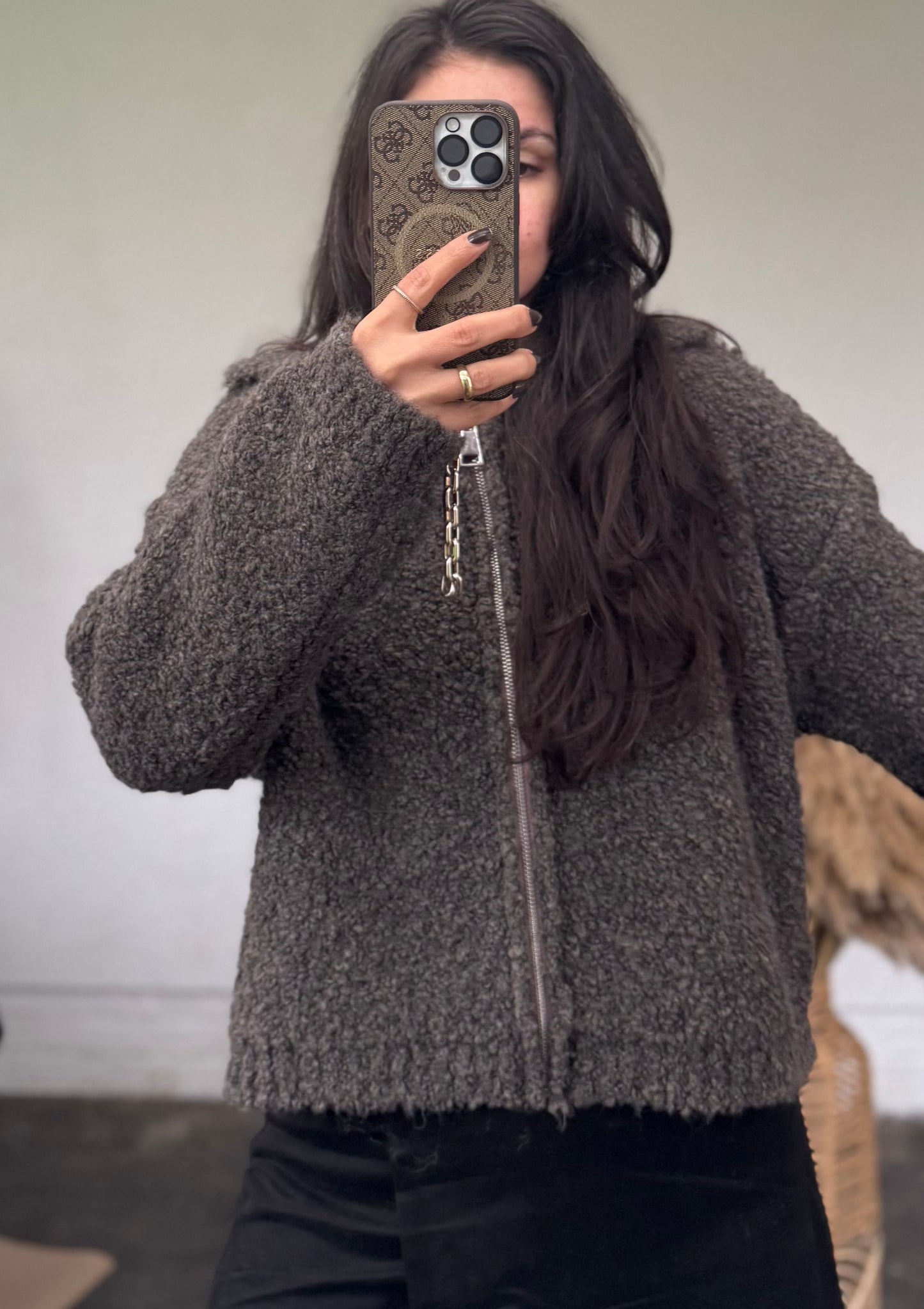 Boucle Strickjacke mit Kragen Teddy