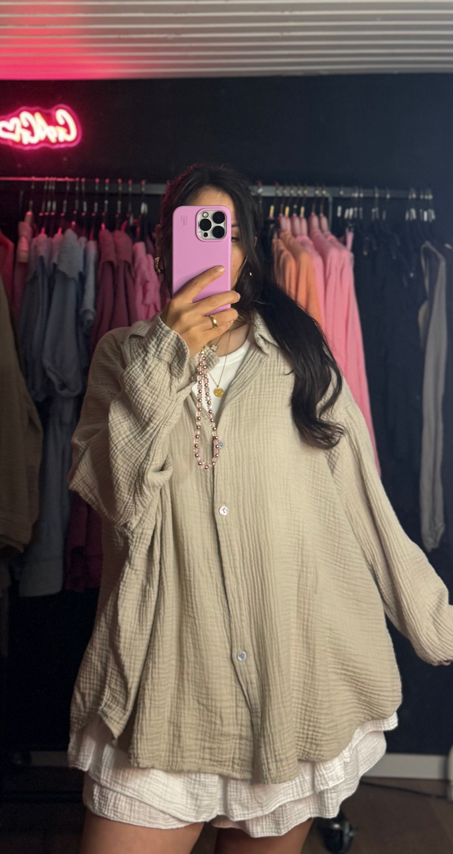 Oversized Musselin Bluse hell taupe