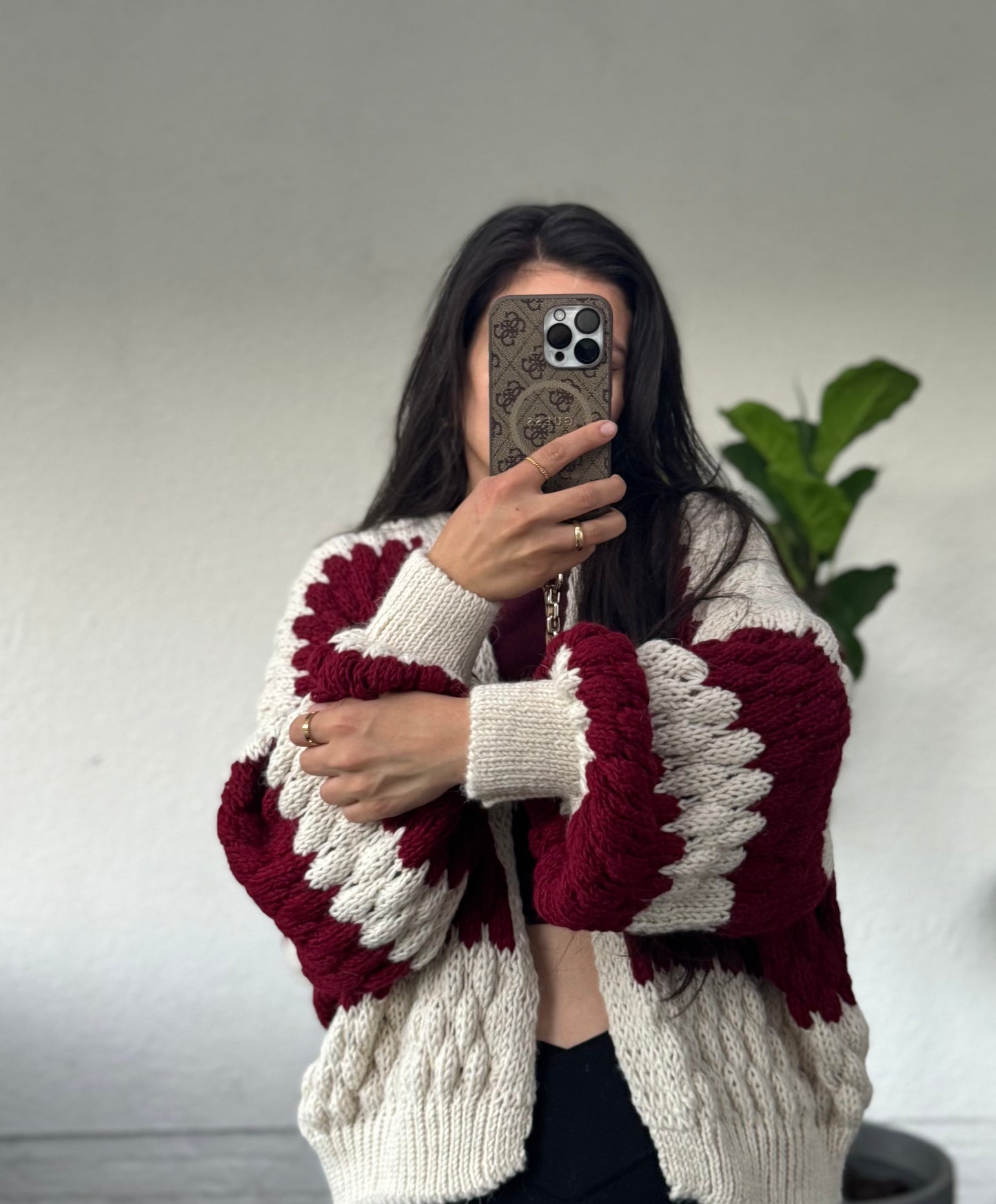 Offener gestreifter Cardigan Bordeaux