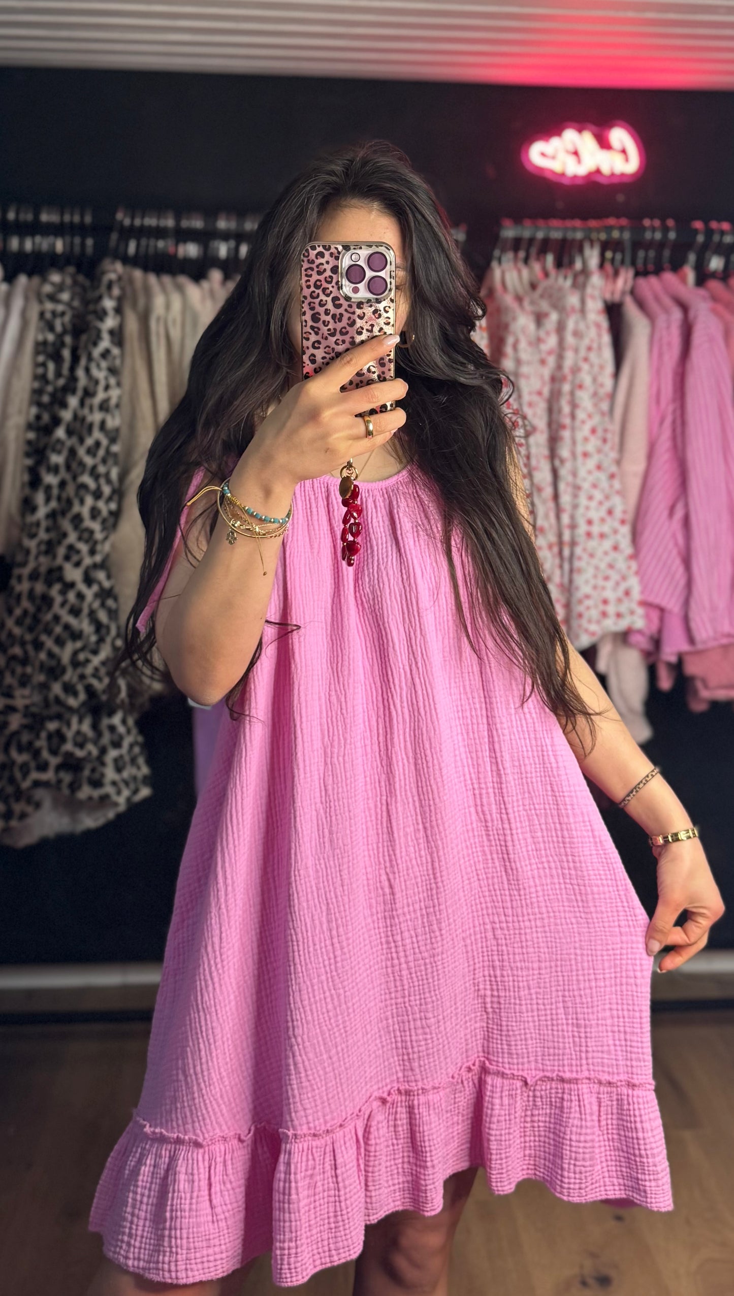 Musselinkleid Rüschi pink