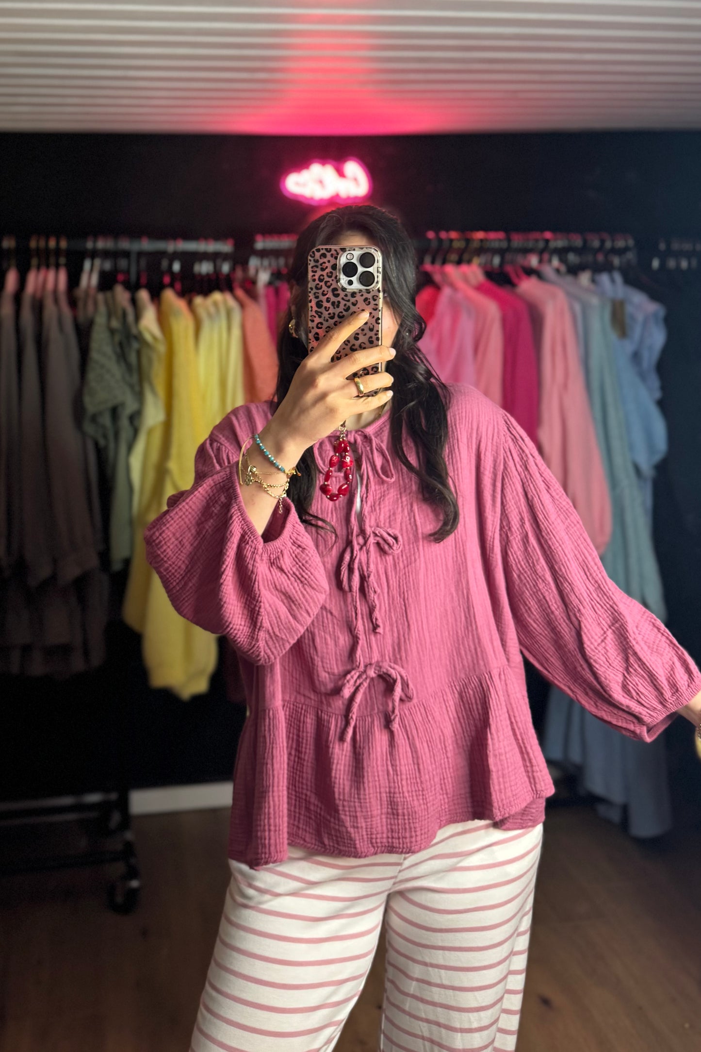 Musselin Schleifen Bluse 3/4 Arm Beere