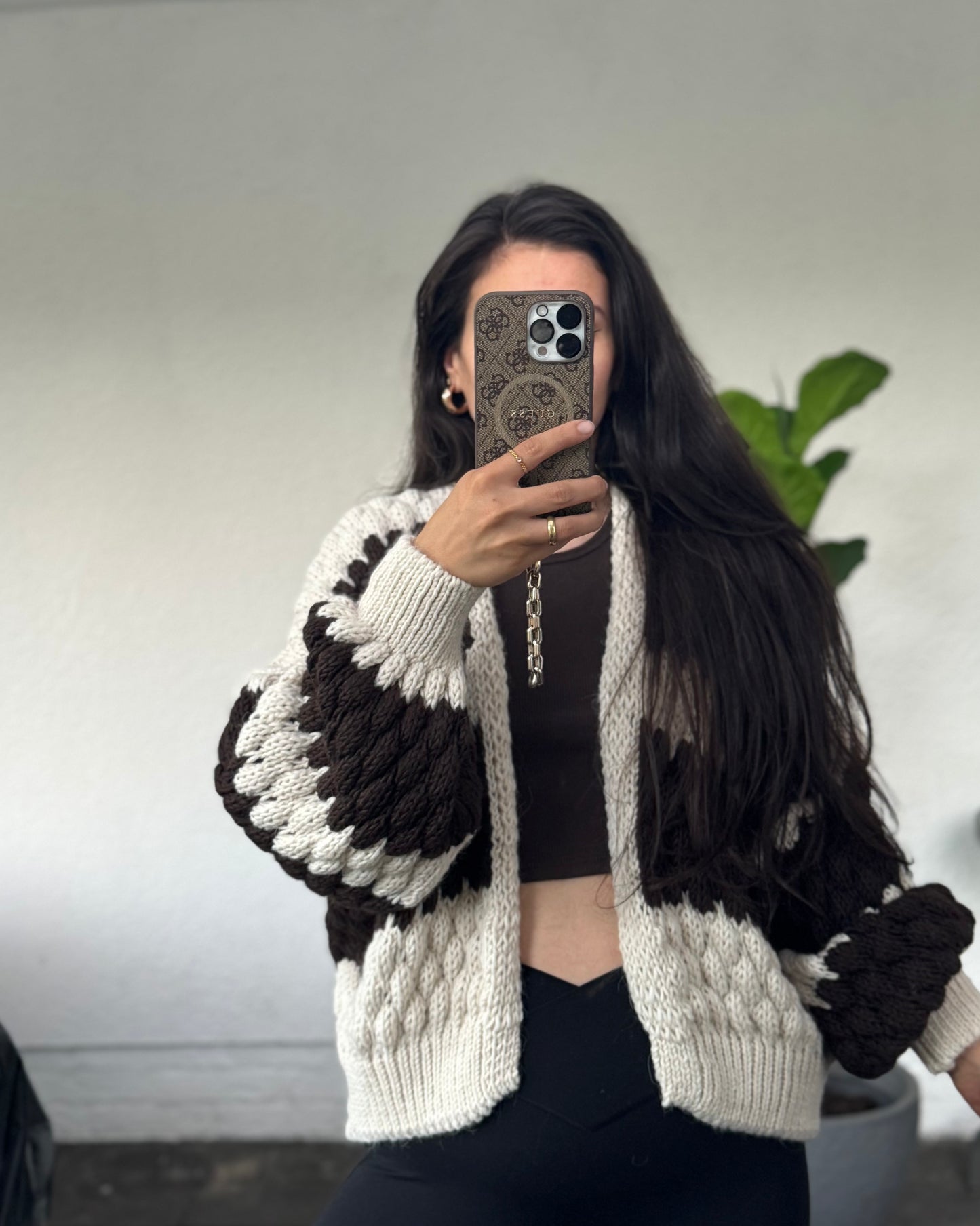 Offener gestreifter Cardigan braun