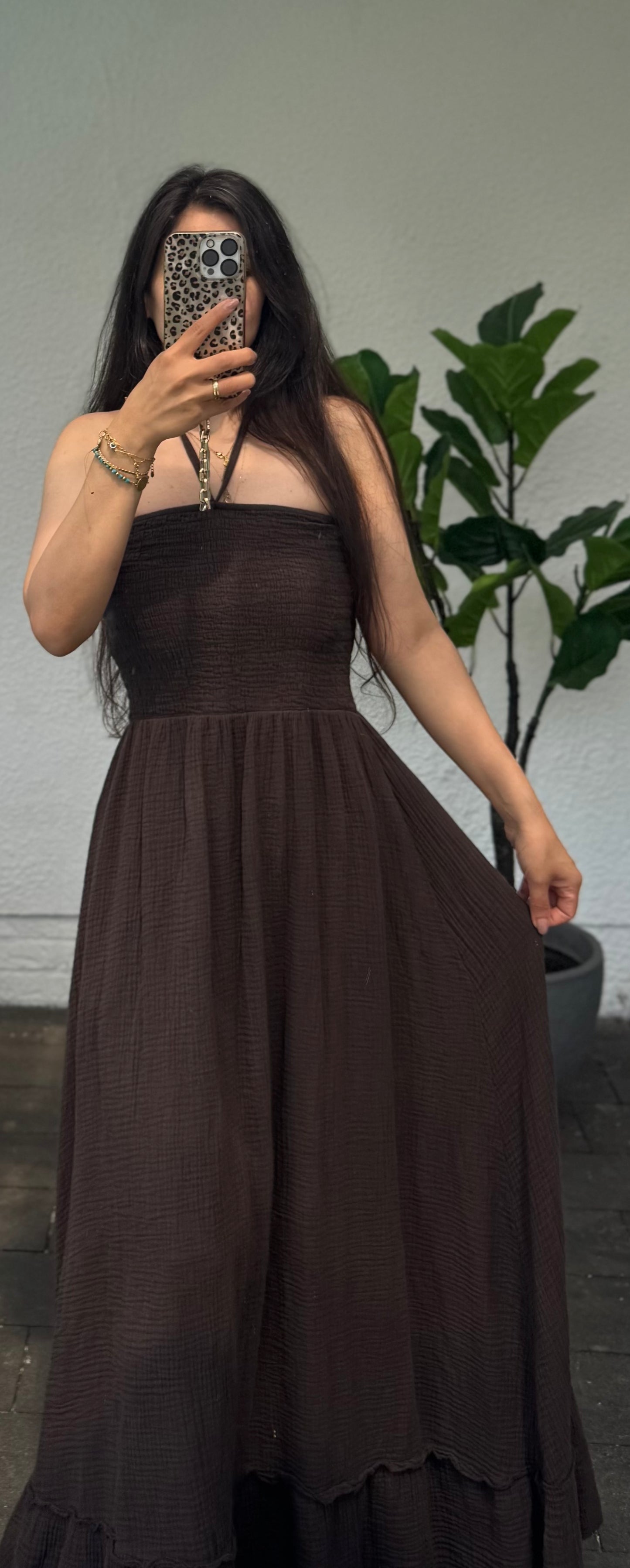 Bandeau Musselin Kleid braun