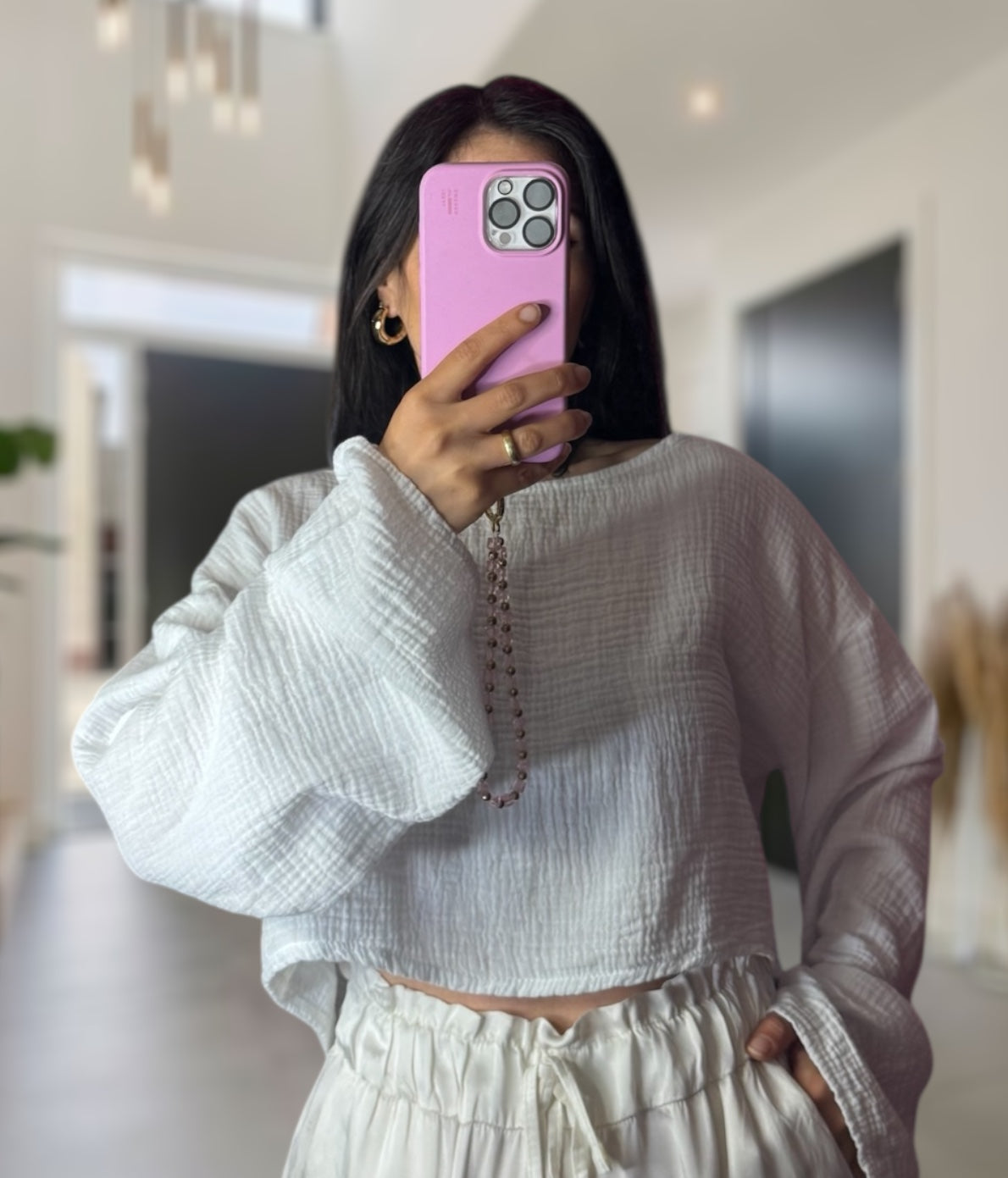 Musselin Crop langarm weiß