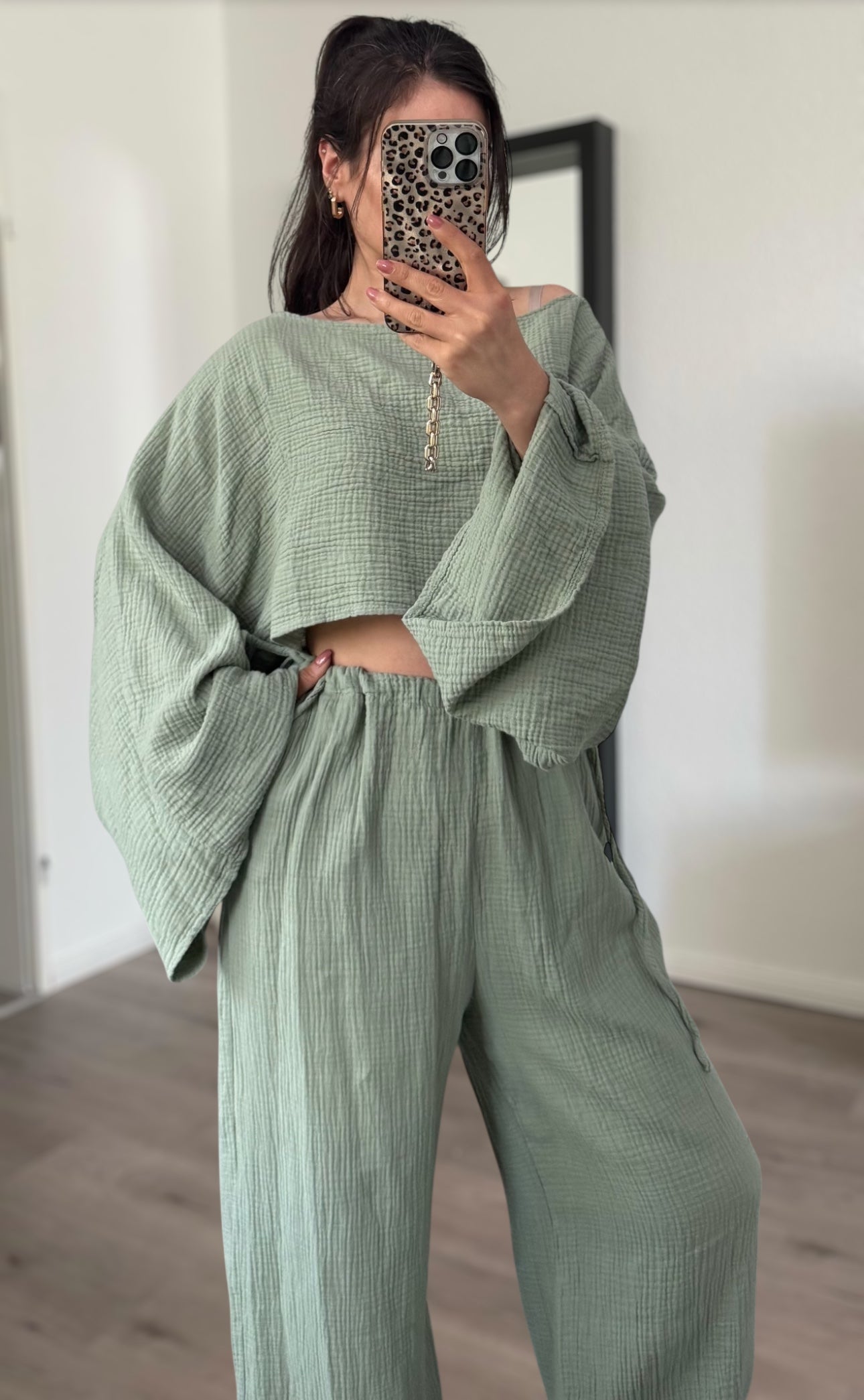 Musselin Hose zum binden Salbei