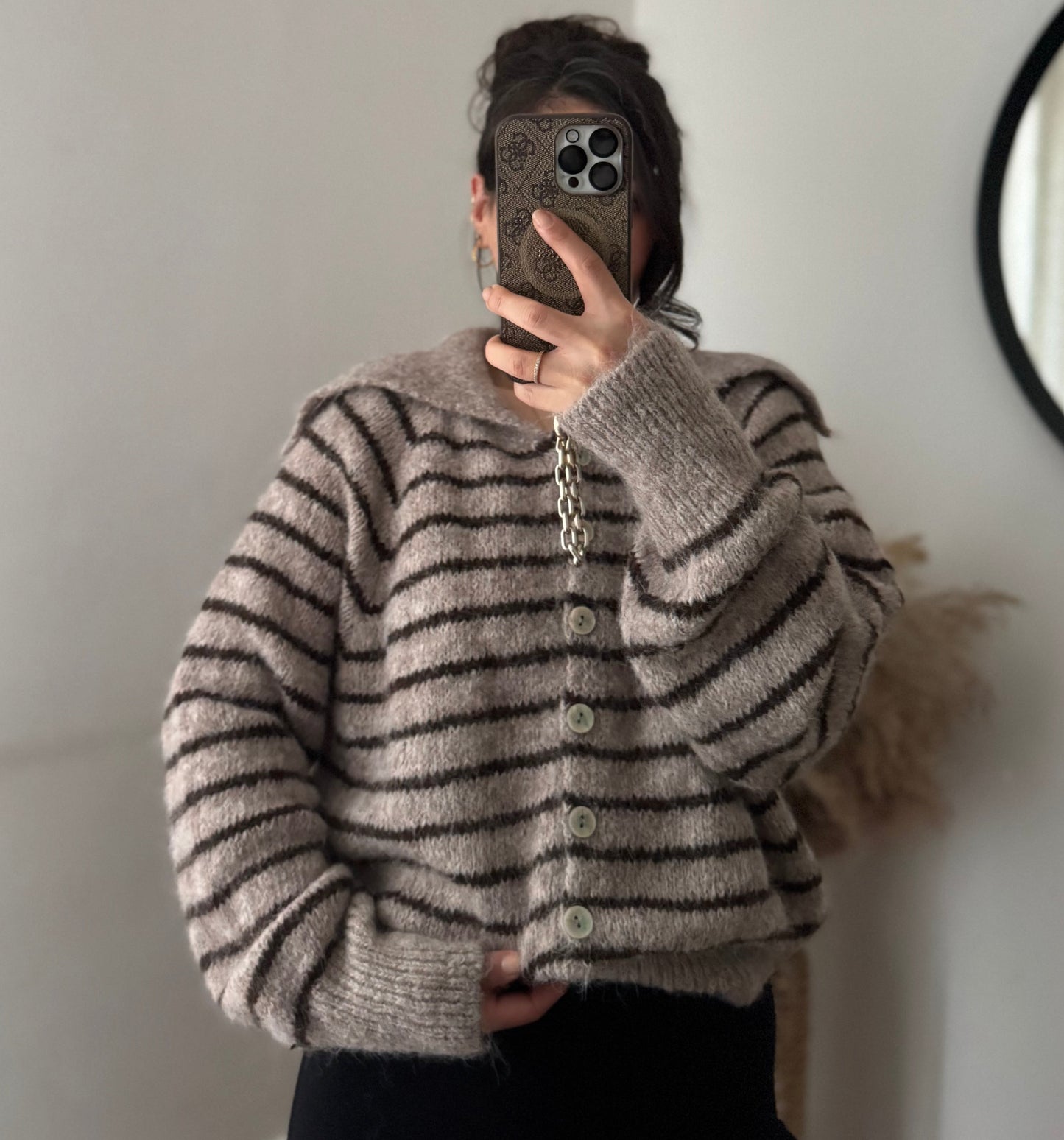 Stripe Cardigan mit Kragen Teddy\ braun