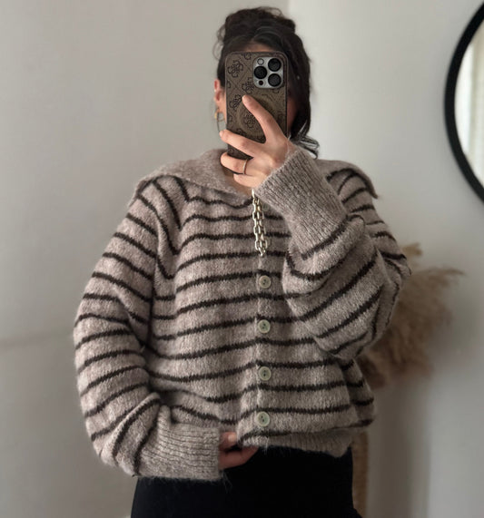 Stripe Cardigan mit Kragen Teddy\ braun