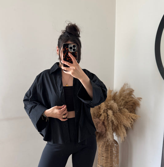 Mid Cropped Baumwoll Bluse schwarz