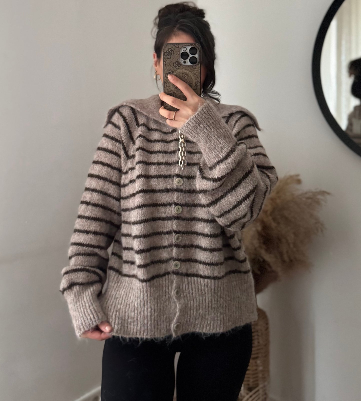 Stripe Cardigan mit Kragen Teddy\ braun