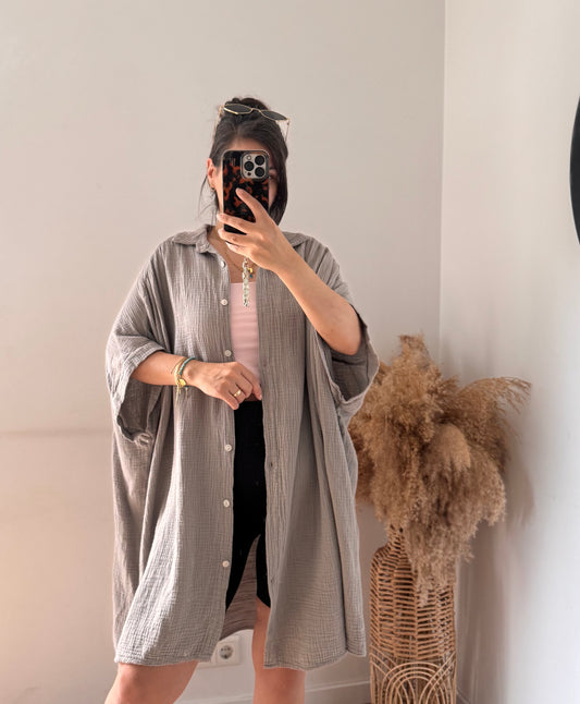 Midlänge Musselin kurzarm BLUSE/KLEID Taupe