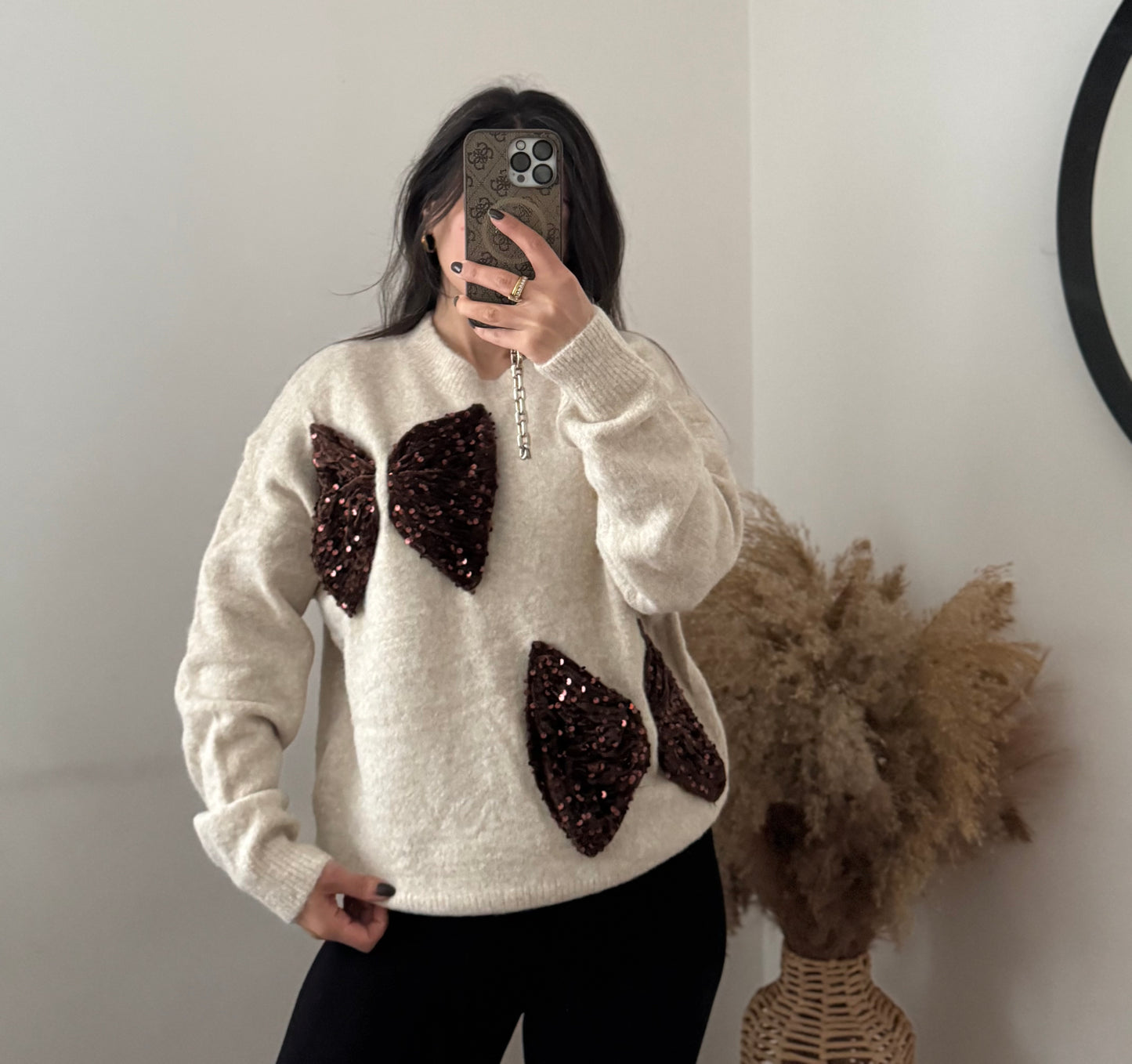 GLITZI schleifen Pullover beige/ braun