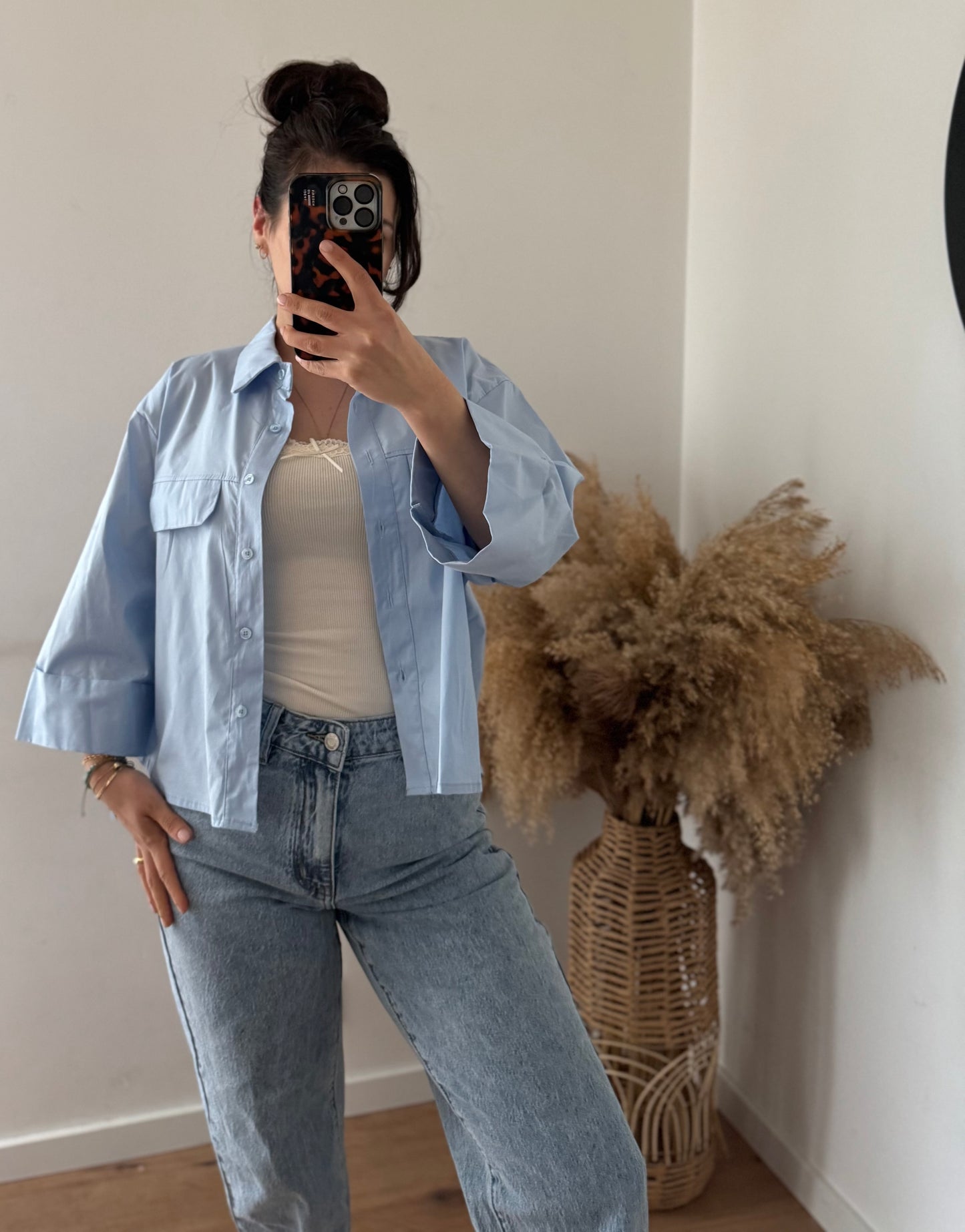 Mir Cropped Baumwoll Bluse babyblau