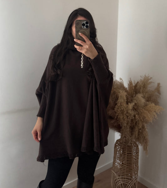 Basic Pullover mit Rüschensaum dunkelbraun