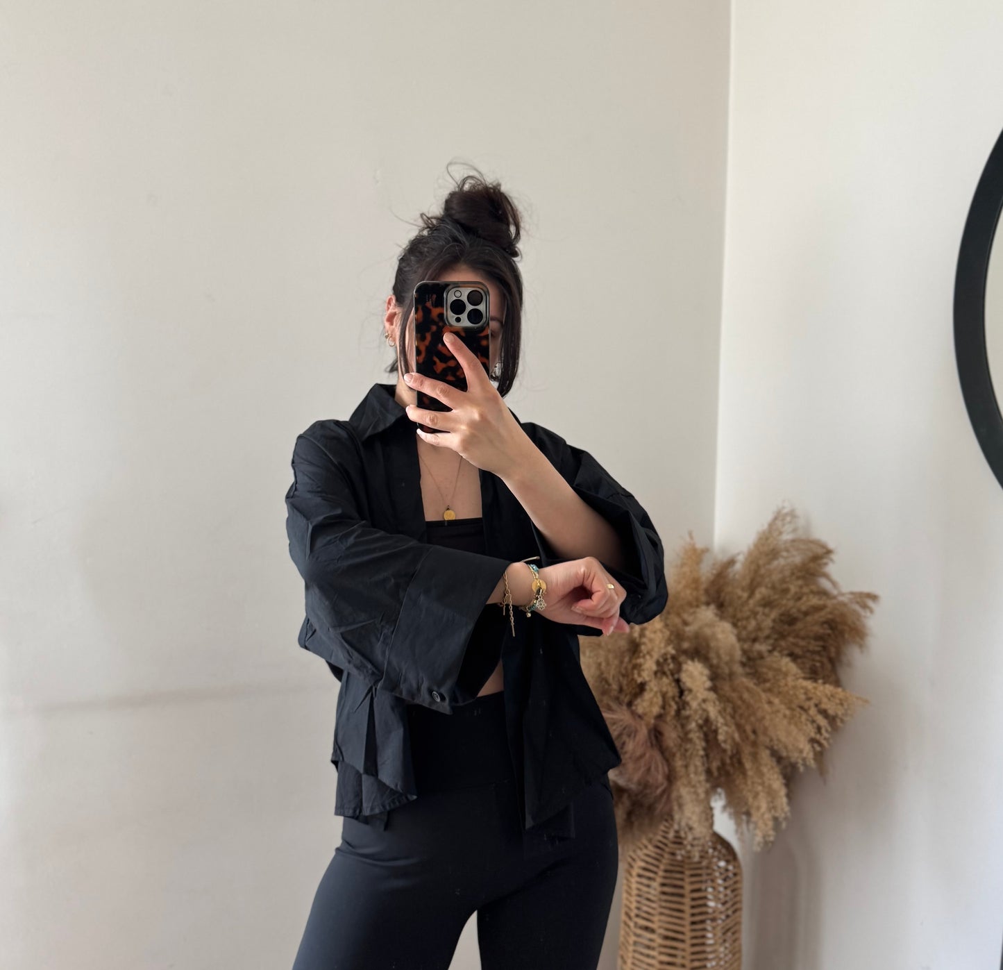 Mid Cropped Baumwoll Bluse schwarz