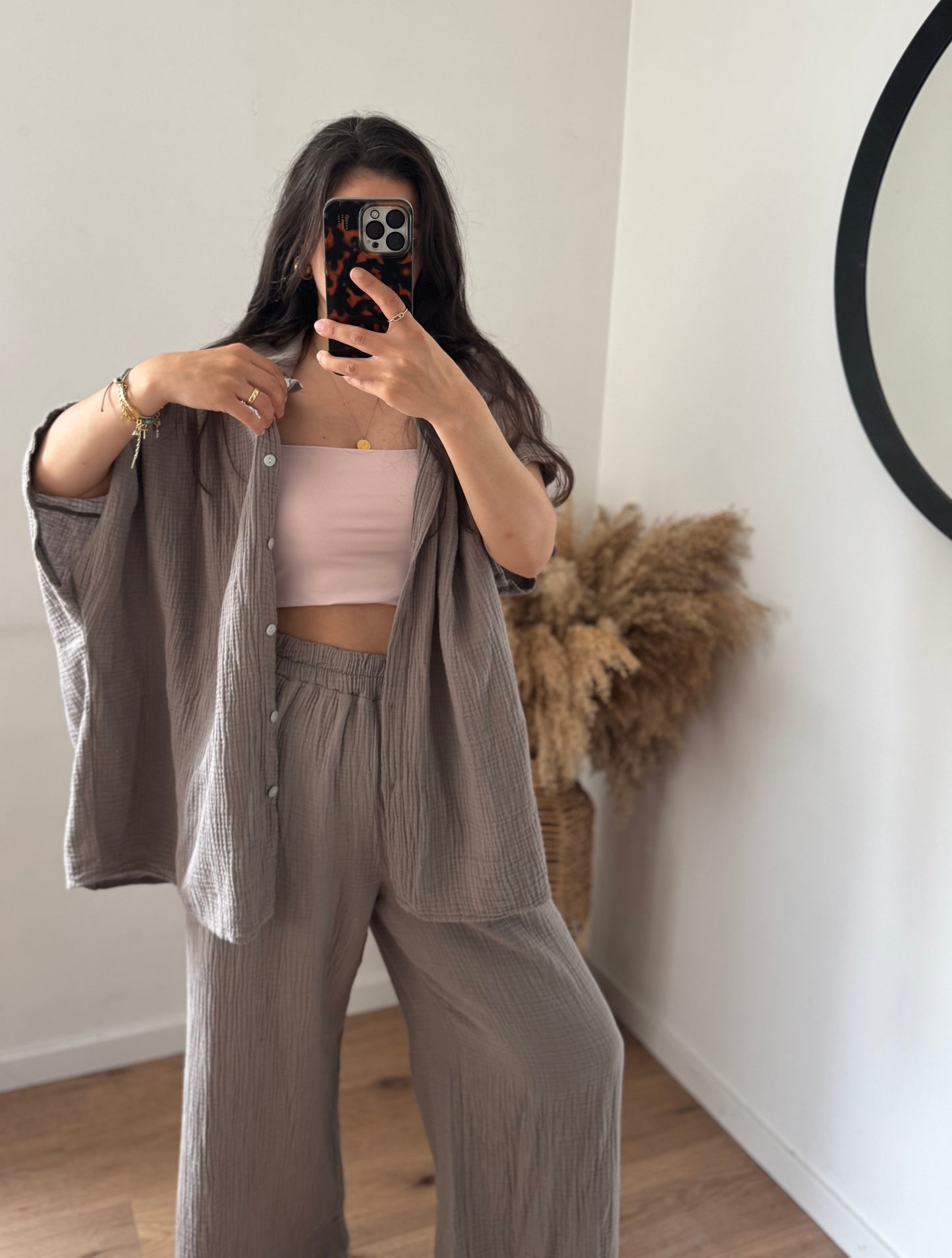 Musselin kurzarm Bluse taupe