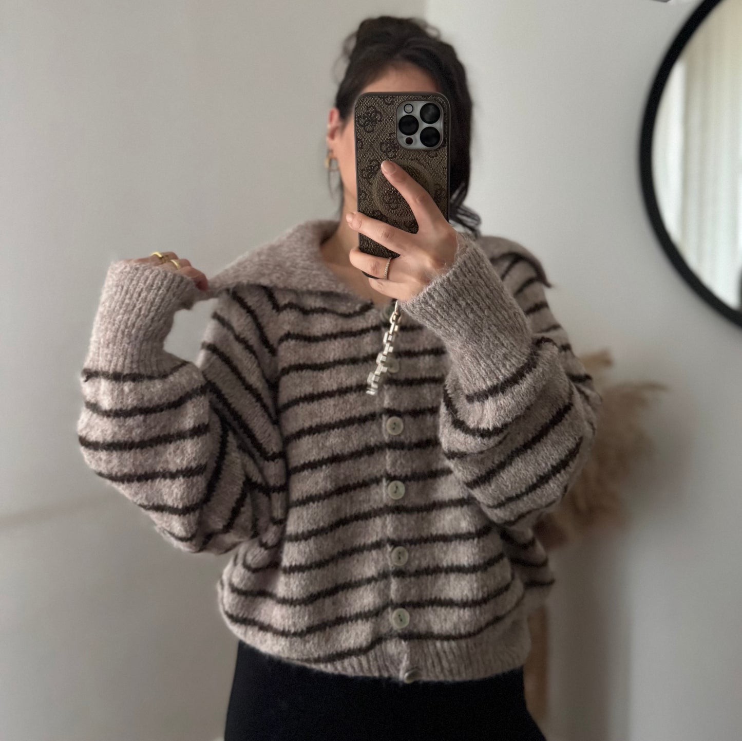 Stripe Cardigan mit Kragen Teddy\ braun