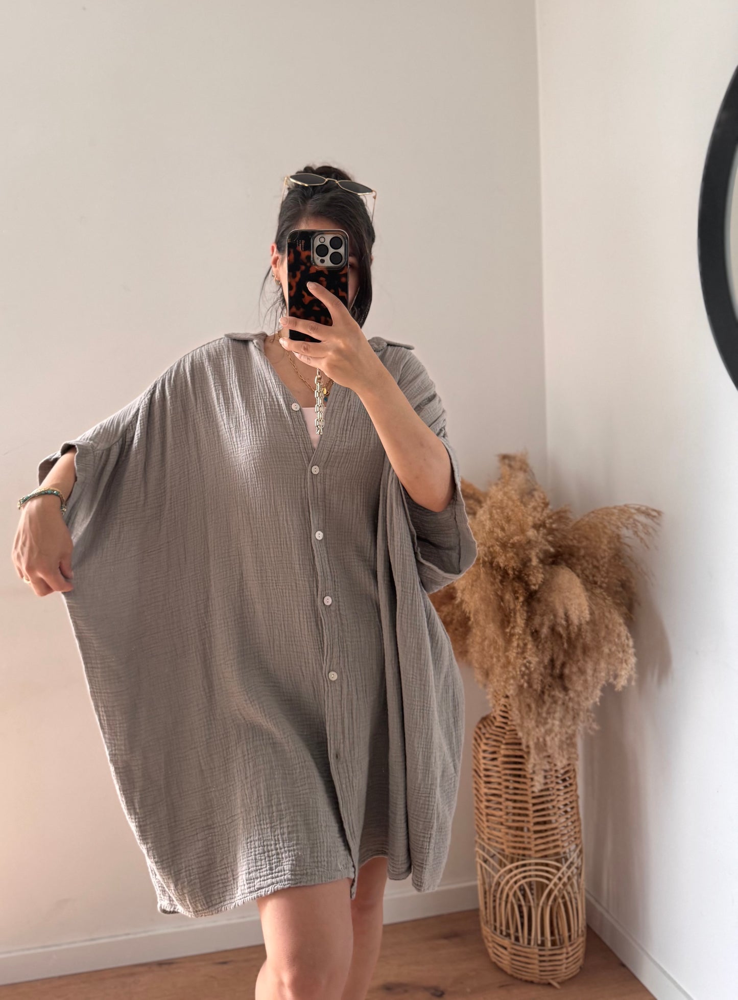 Midlänge Musselin kurzarm BLUSE/KLEID Taupe