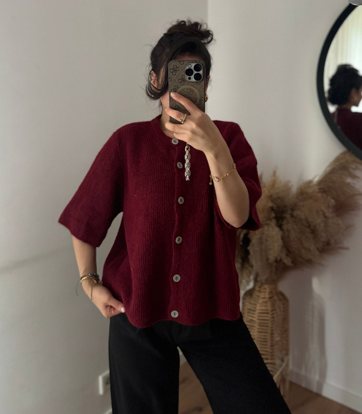 Midarm cozy rib Cardigan Bordeaux