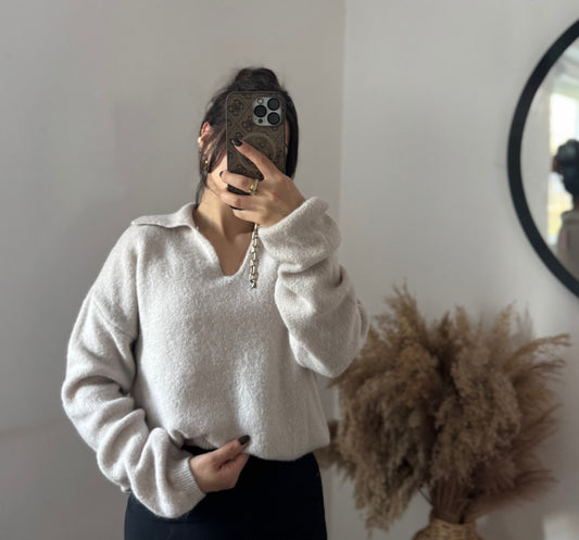 Babyalpaka Pullover mit Kragen Ecru