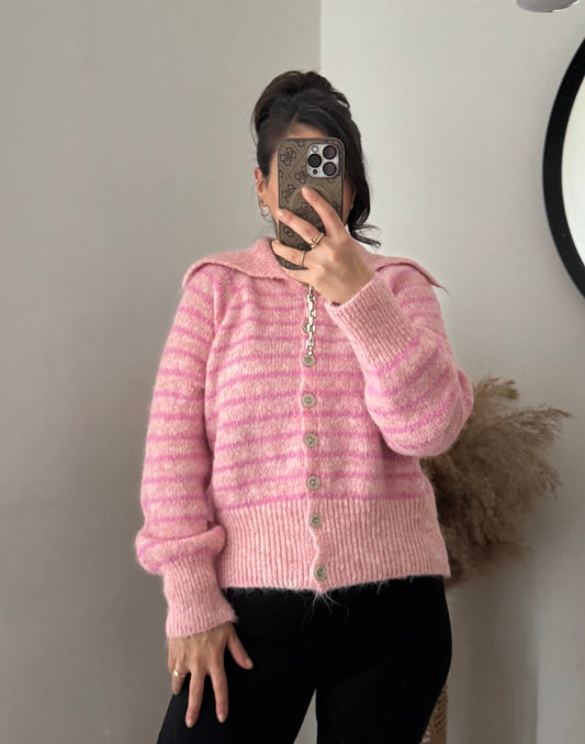 Stripe Cardigan mit Kragen Rosé