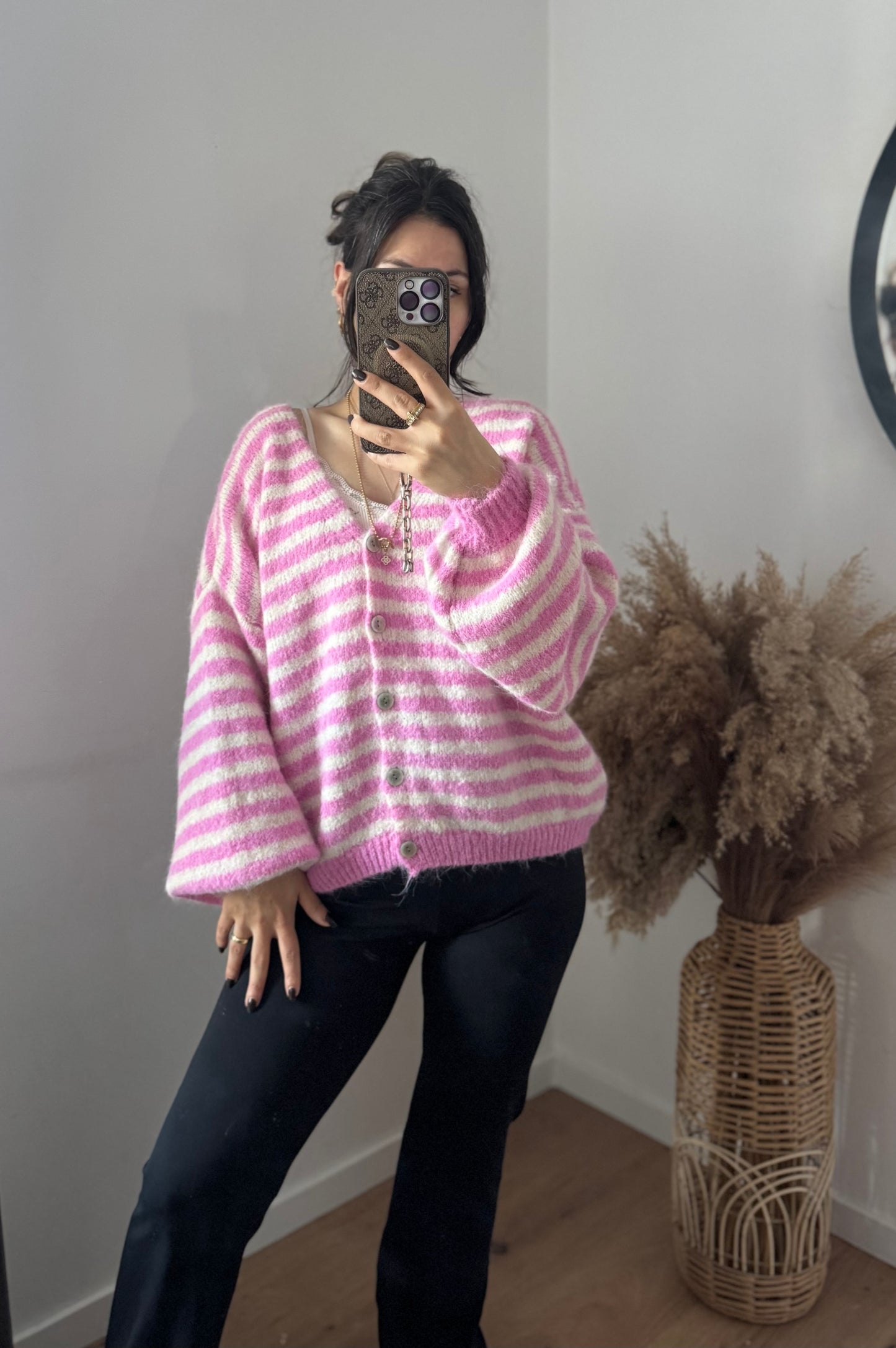 Gestreifter Cardigan pink Ecru