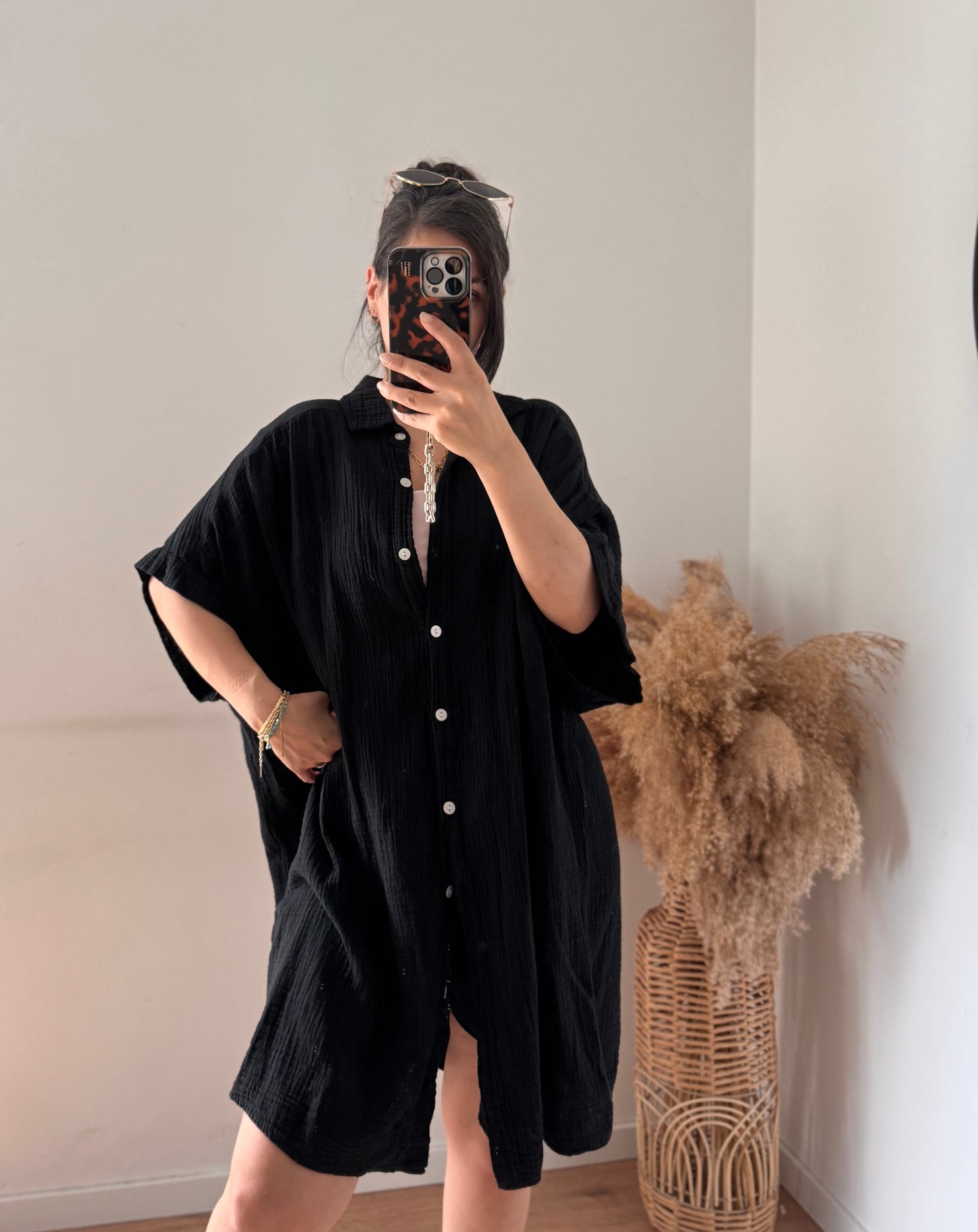 Midlänge Musselin kurzarm BLUSE/KLEID Schwarz