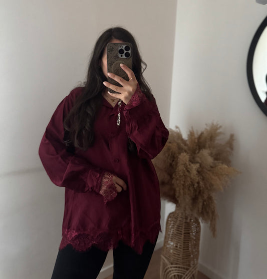 Bluse mit Spitzensaum & Ärmel Bordeaux