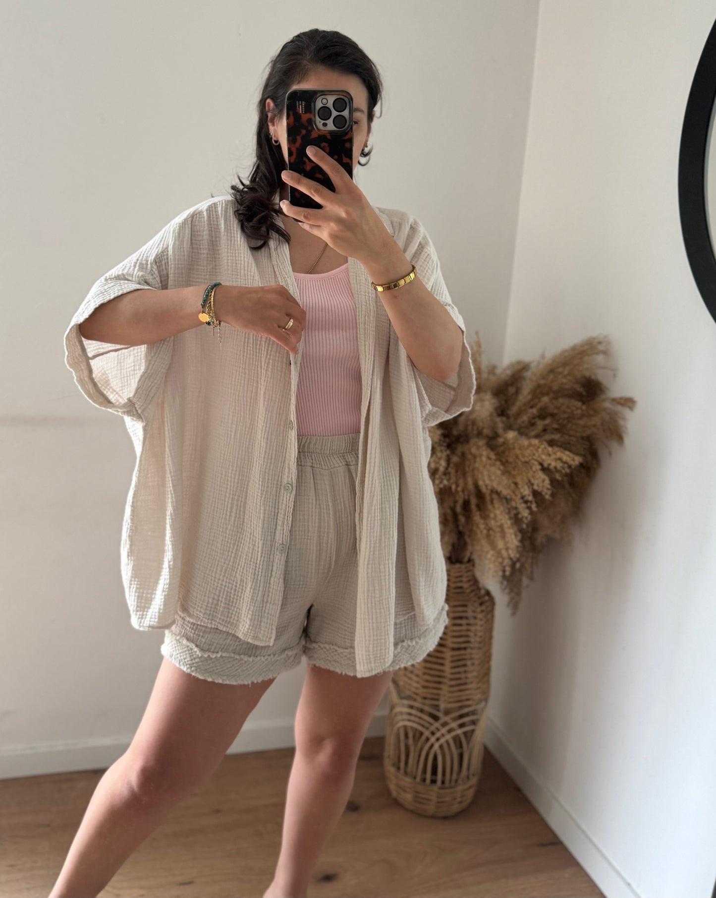 Musselin kurzarm Bluse stone
