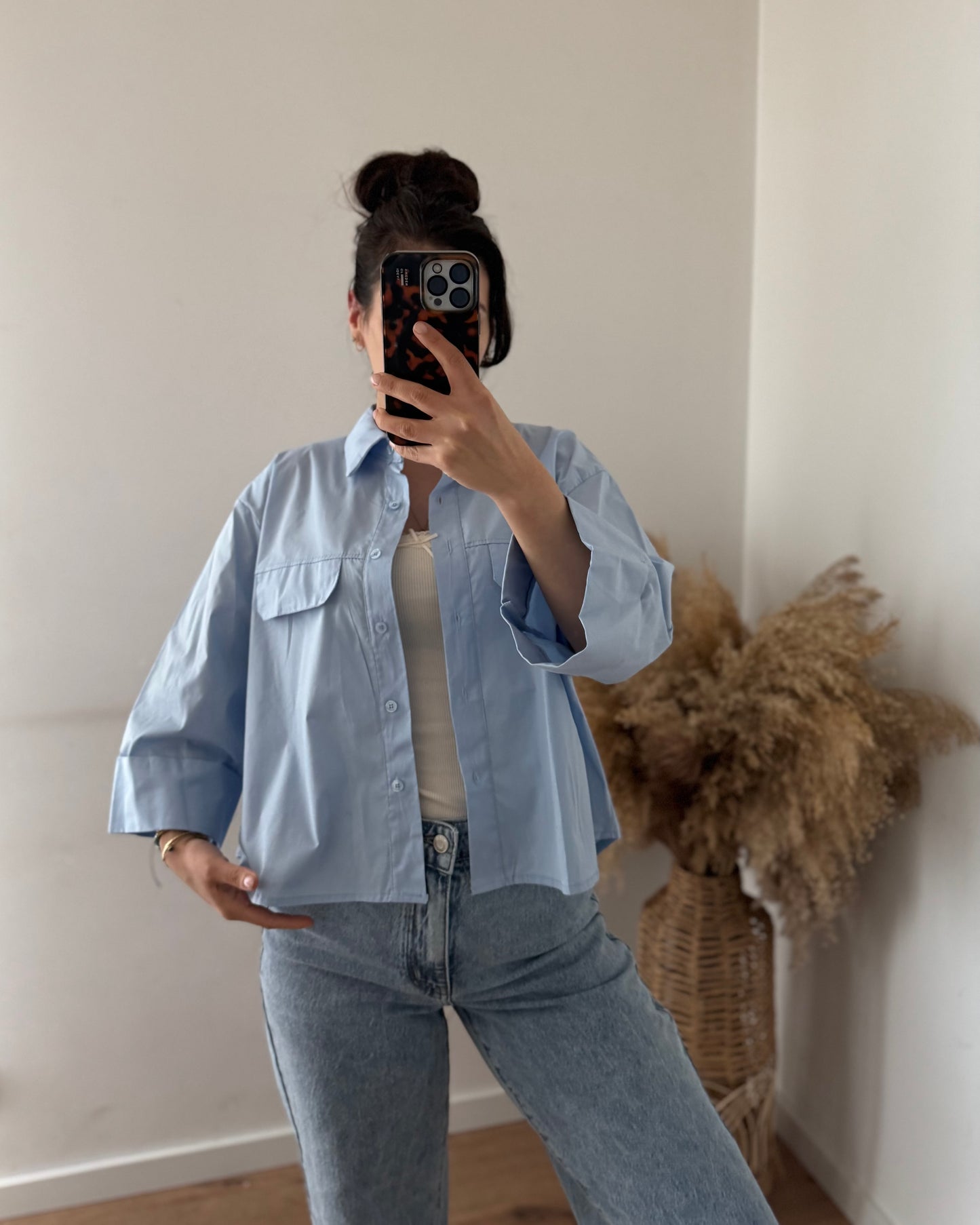 Mir Cropped Baumwoll Bluse babyblau