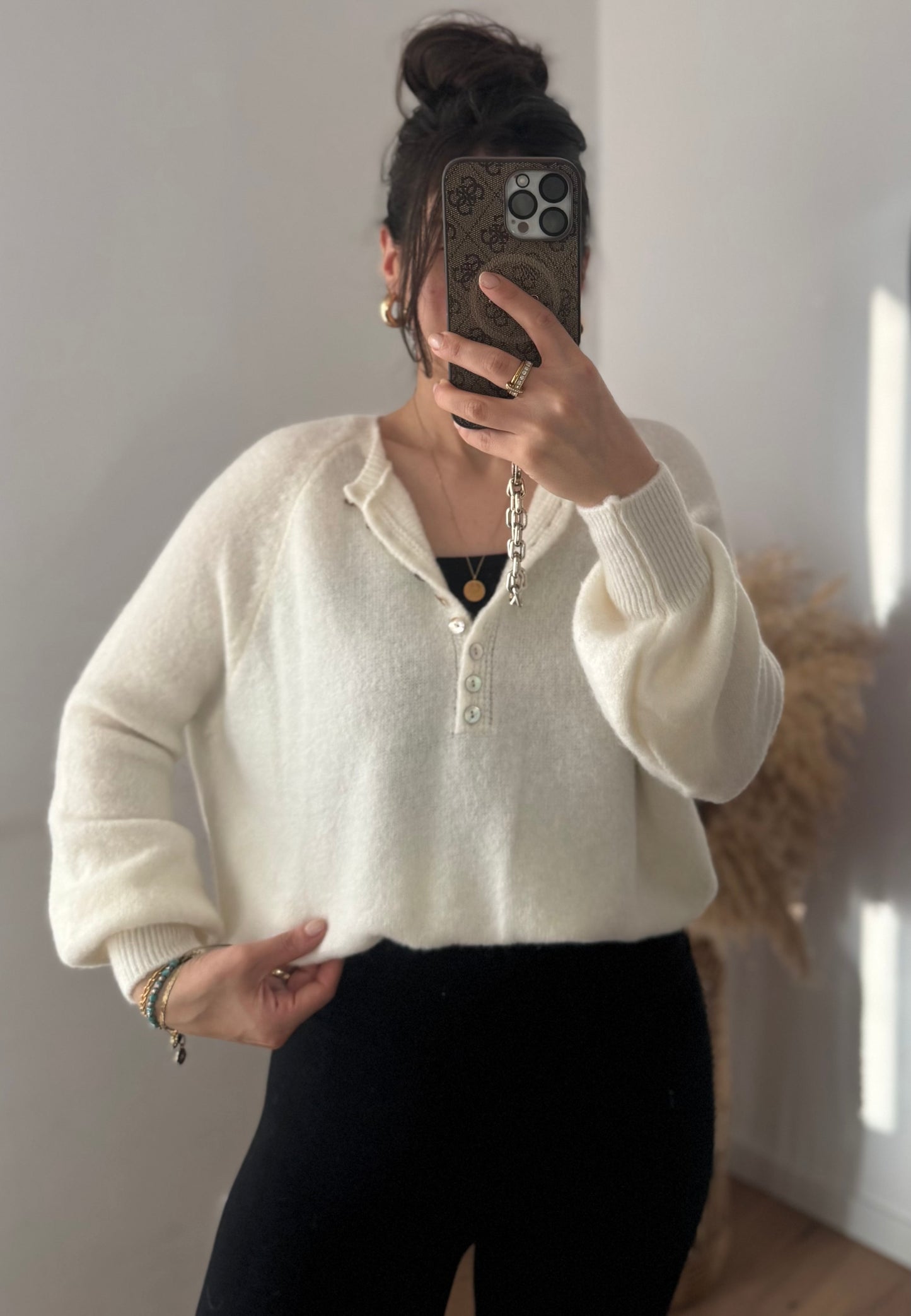 Alpaka Pullover mit Knopfleiste Ecru