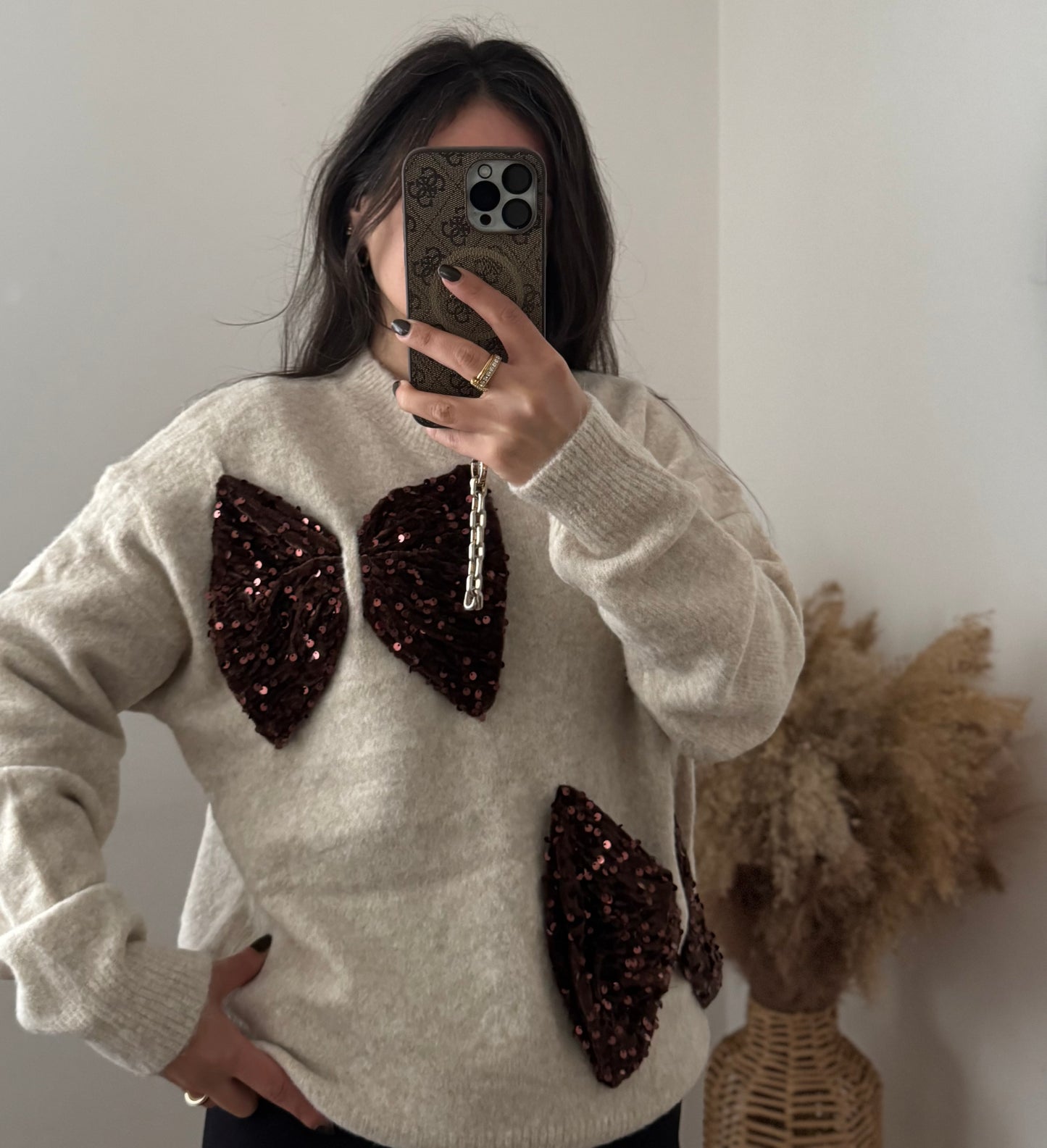 GLITZI schleifen Pullover beige/ braun