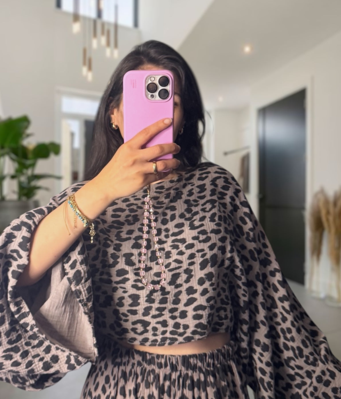 Crop Musselin langarm Leo taupe