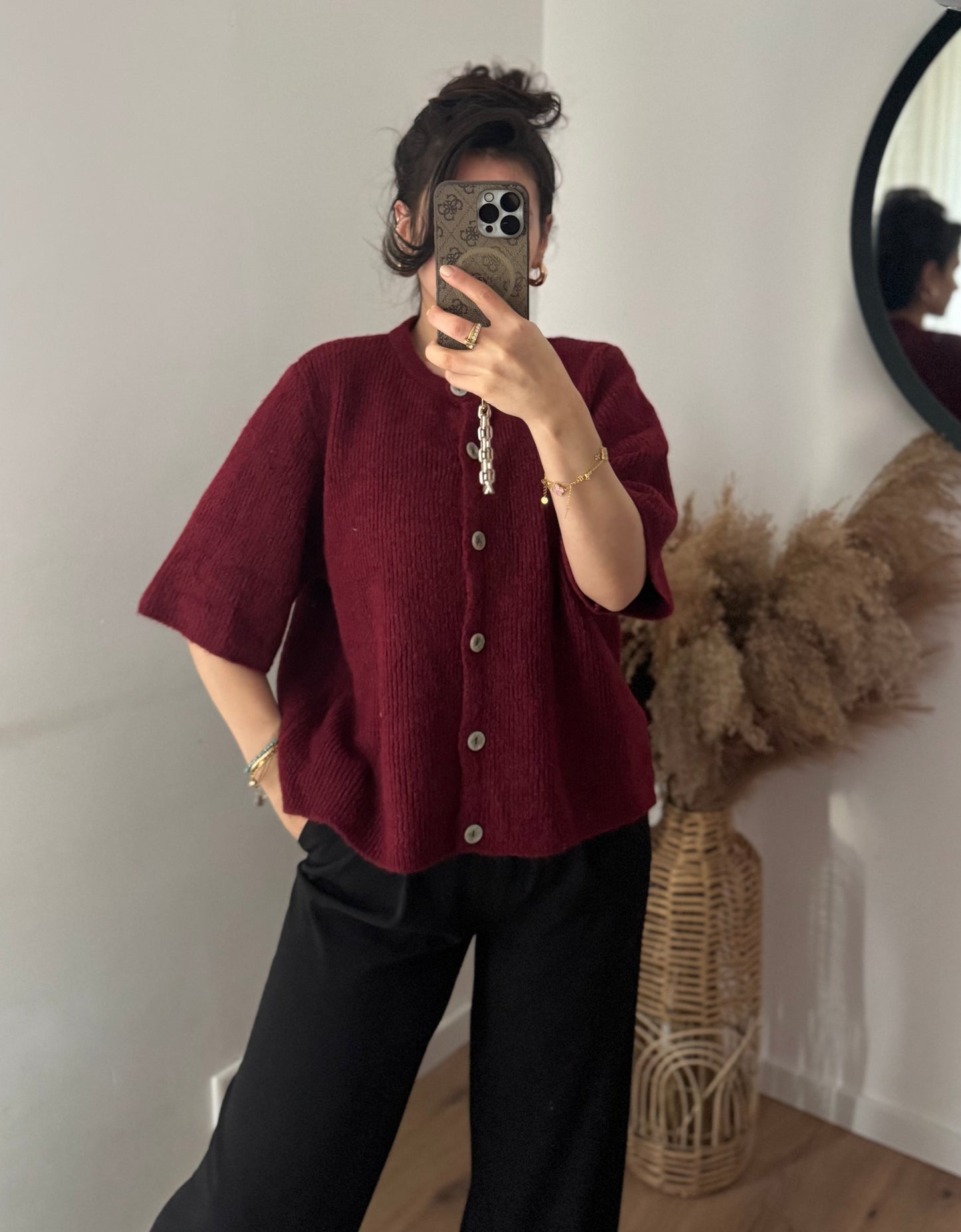 Midarm cozy rib Cardigan Bordeaux
