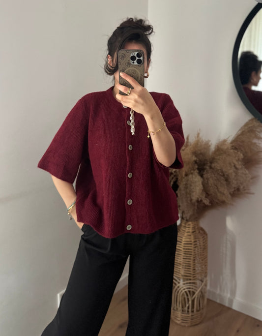 Midarm cozy rib Cardigan Bordeaux