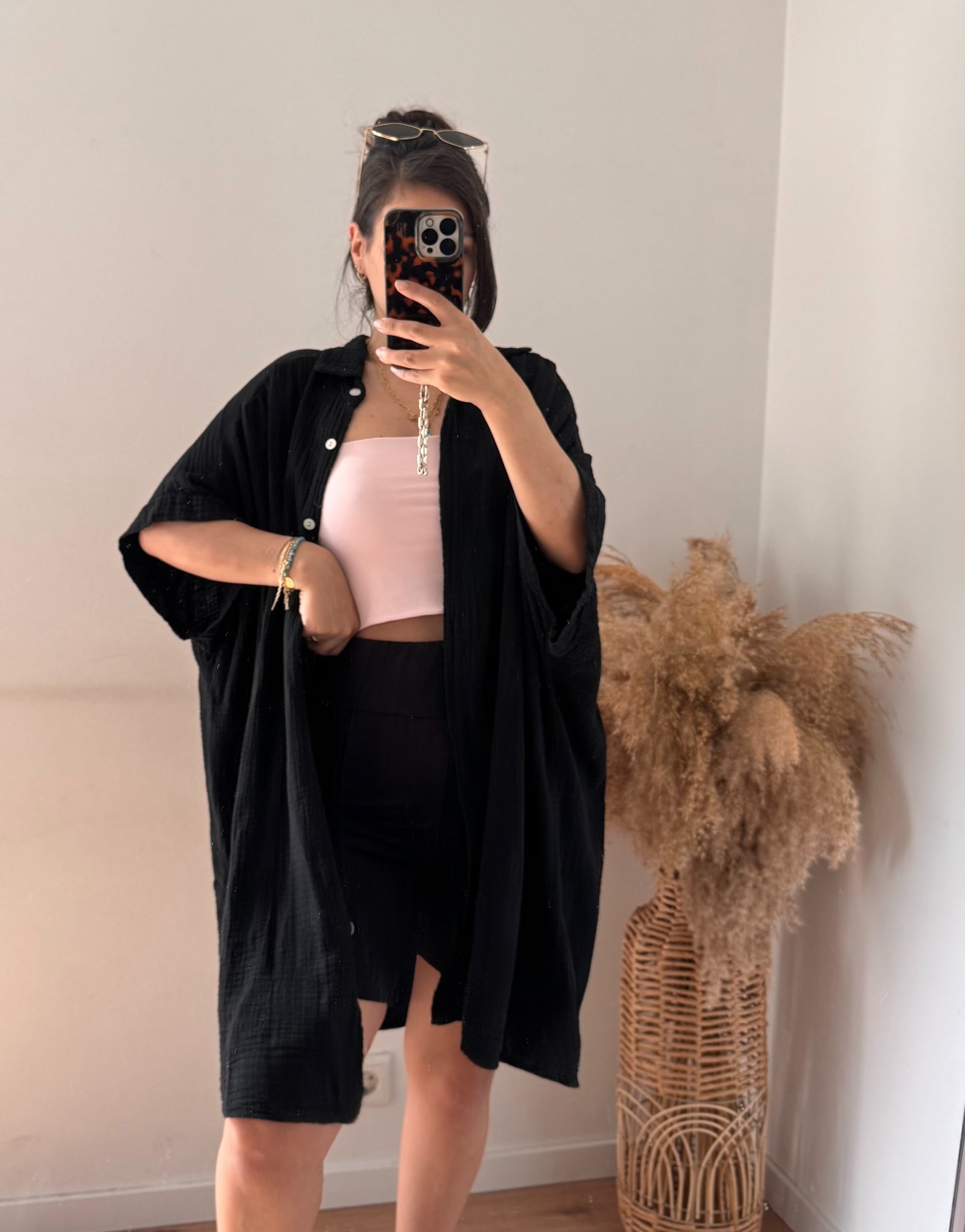 Midlänge Musselin kurzarm BLUSE/KLEID Schwarz