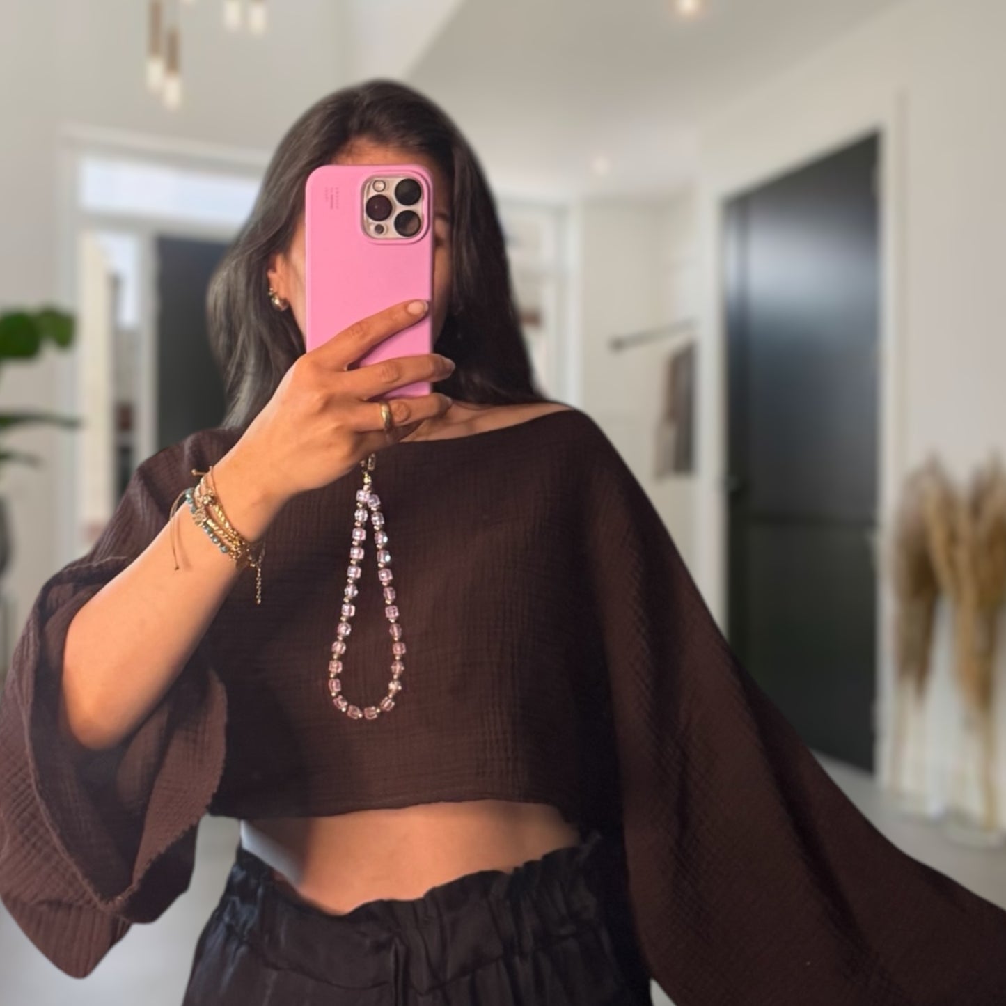 Crop Musselin langarm braun