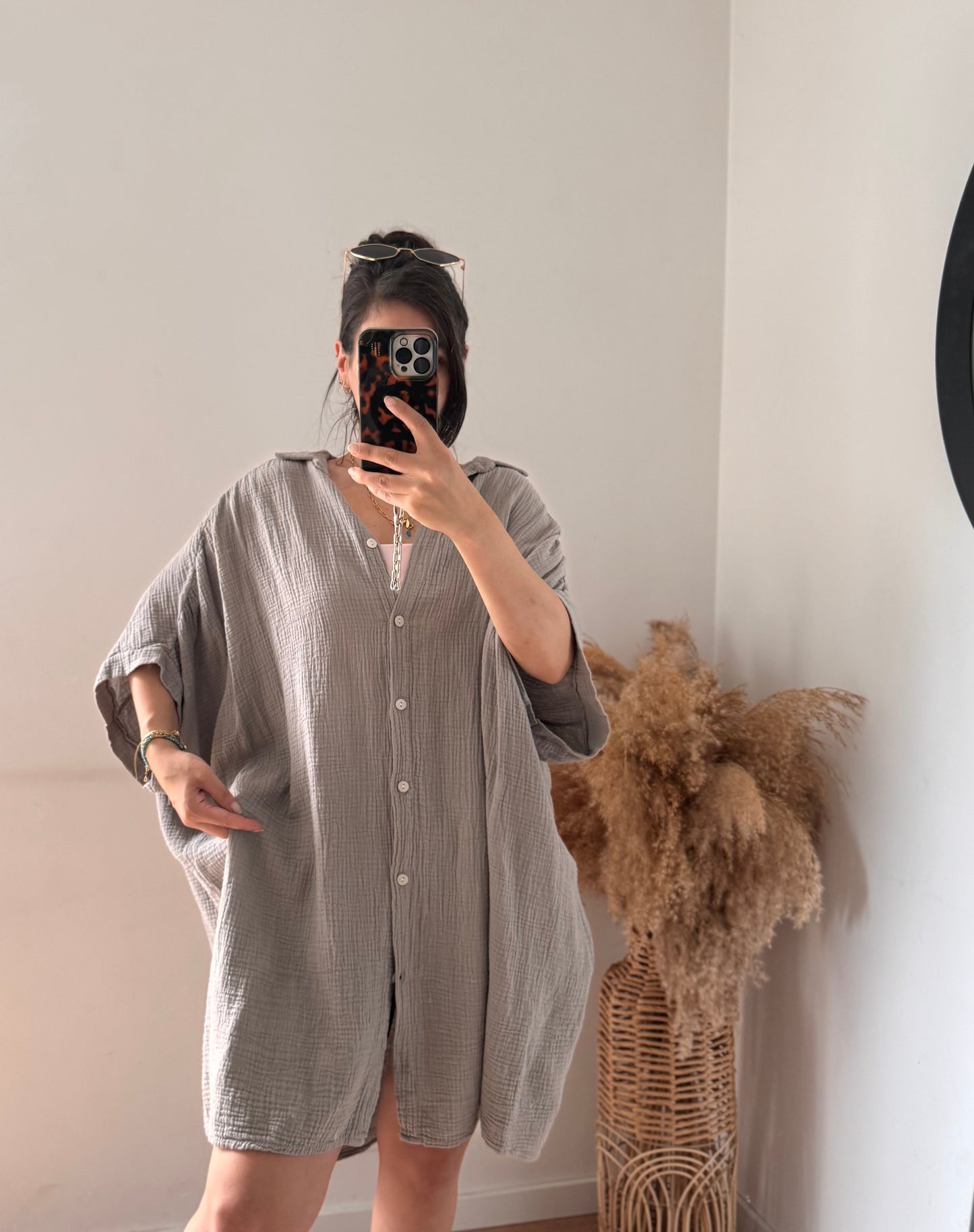 Midlänge Musselin kurzarm BLUSE/KLEID Taupe