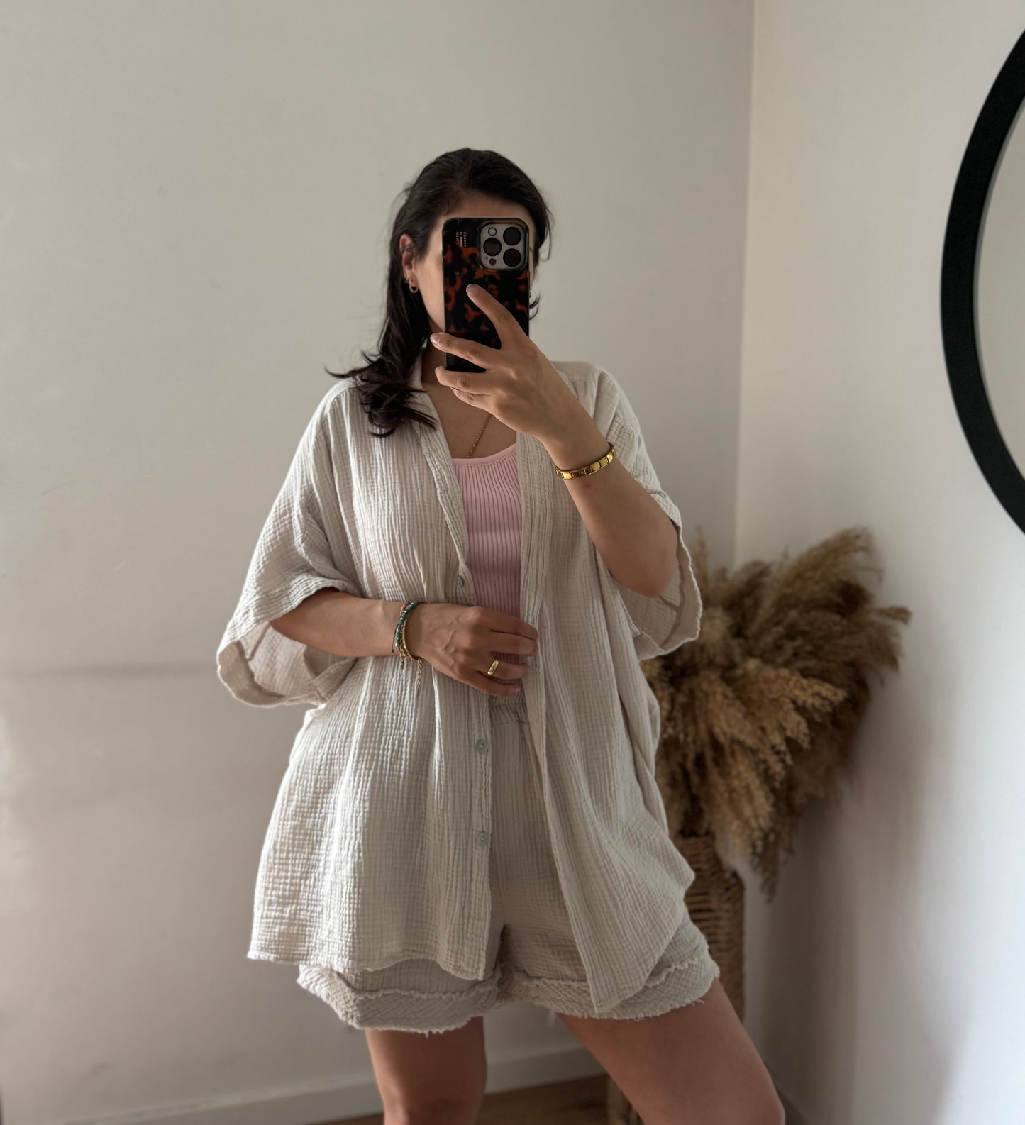 Musselin kurzarm Bluse stone